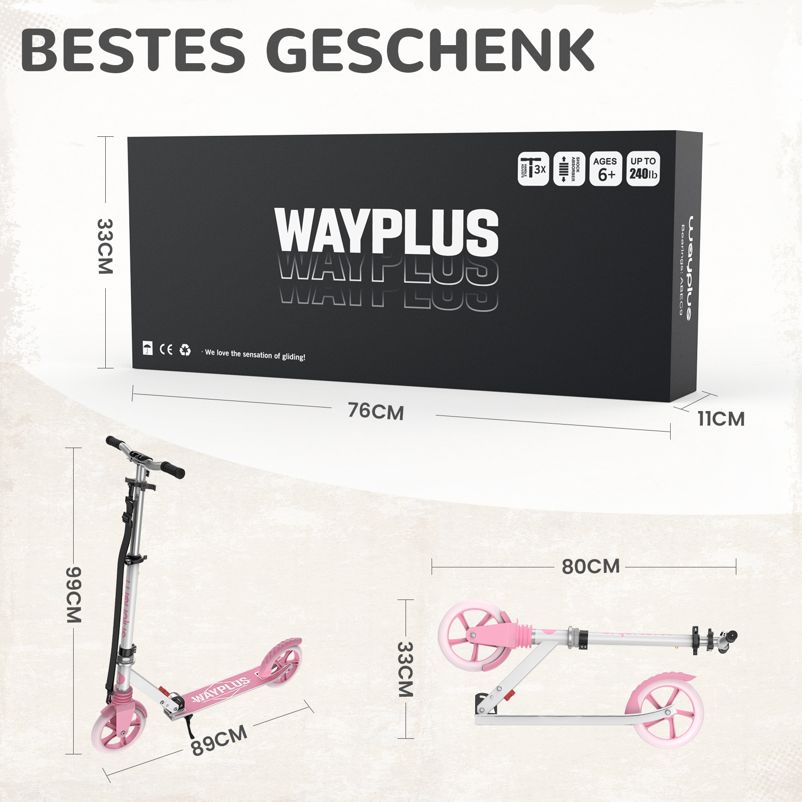 Produktgrafik zeigt einen pinken Wayplus Tretroller, seine Maße und die schwarze Geschenkverpackung.