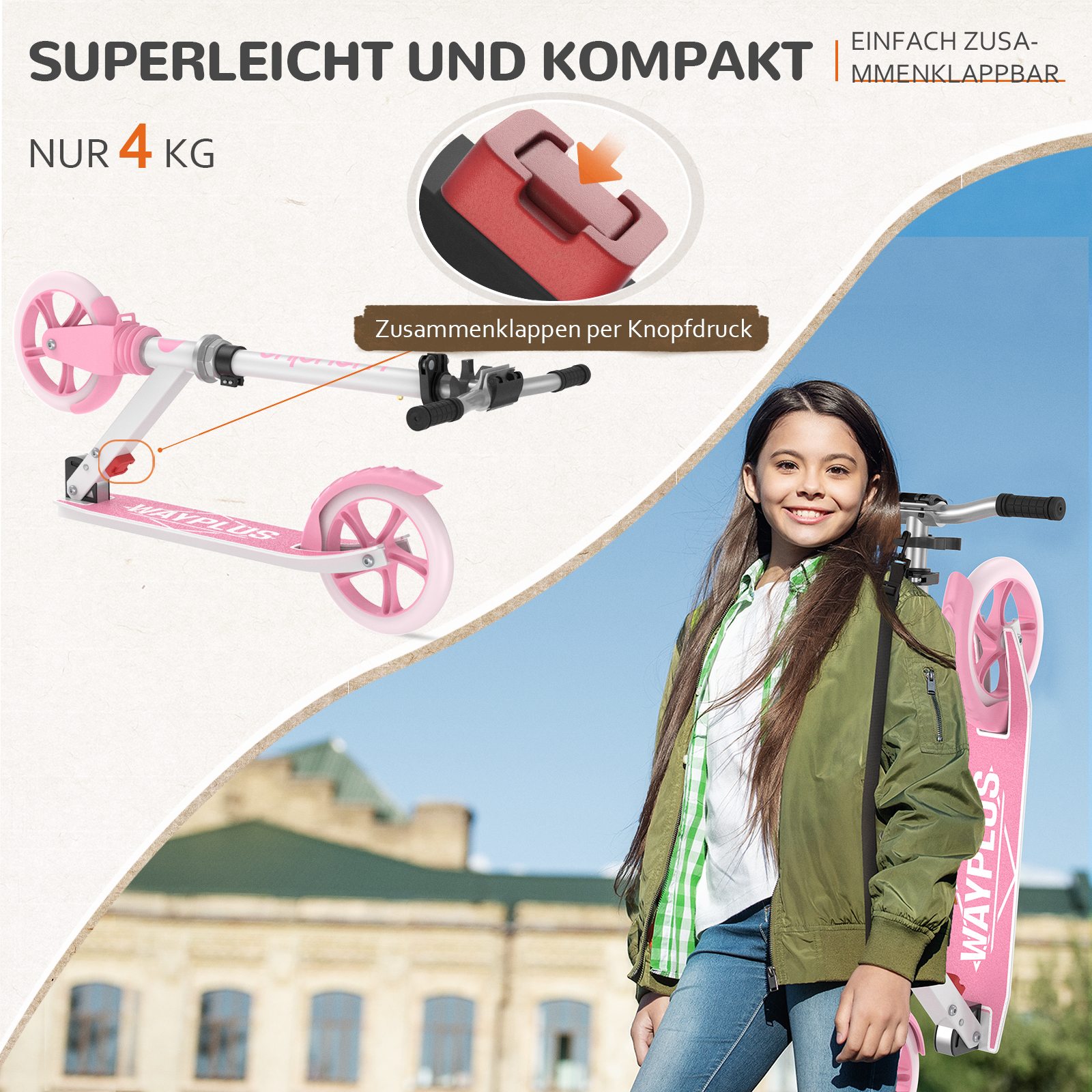 Ein Mädchen trägt einen leichten, pinken und weißen Tretroller mit Klappmechanismus auf dem Rücken.