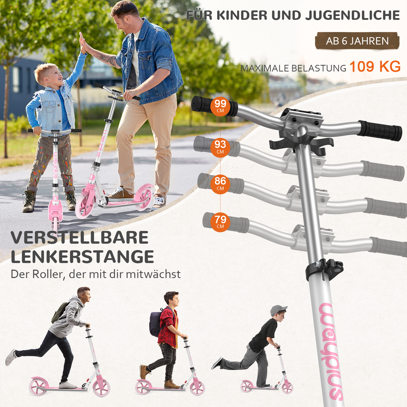 Mann und Kind mit rosa Scootern klatschen ab, Lenkerhöhen von 79cm bis 99cm.