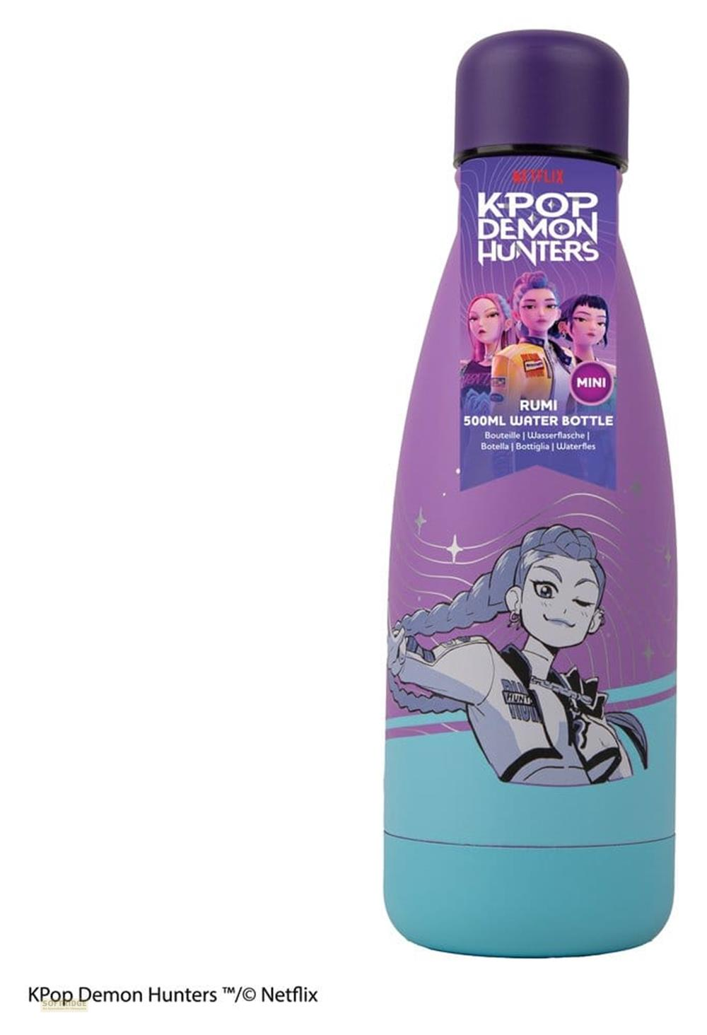Eine violette und blaue 500ml Trinkflasche mit KPop Demon Hunters Anime-Motiven und dem Namen Rumi.