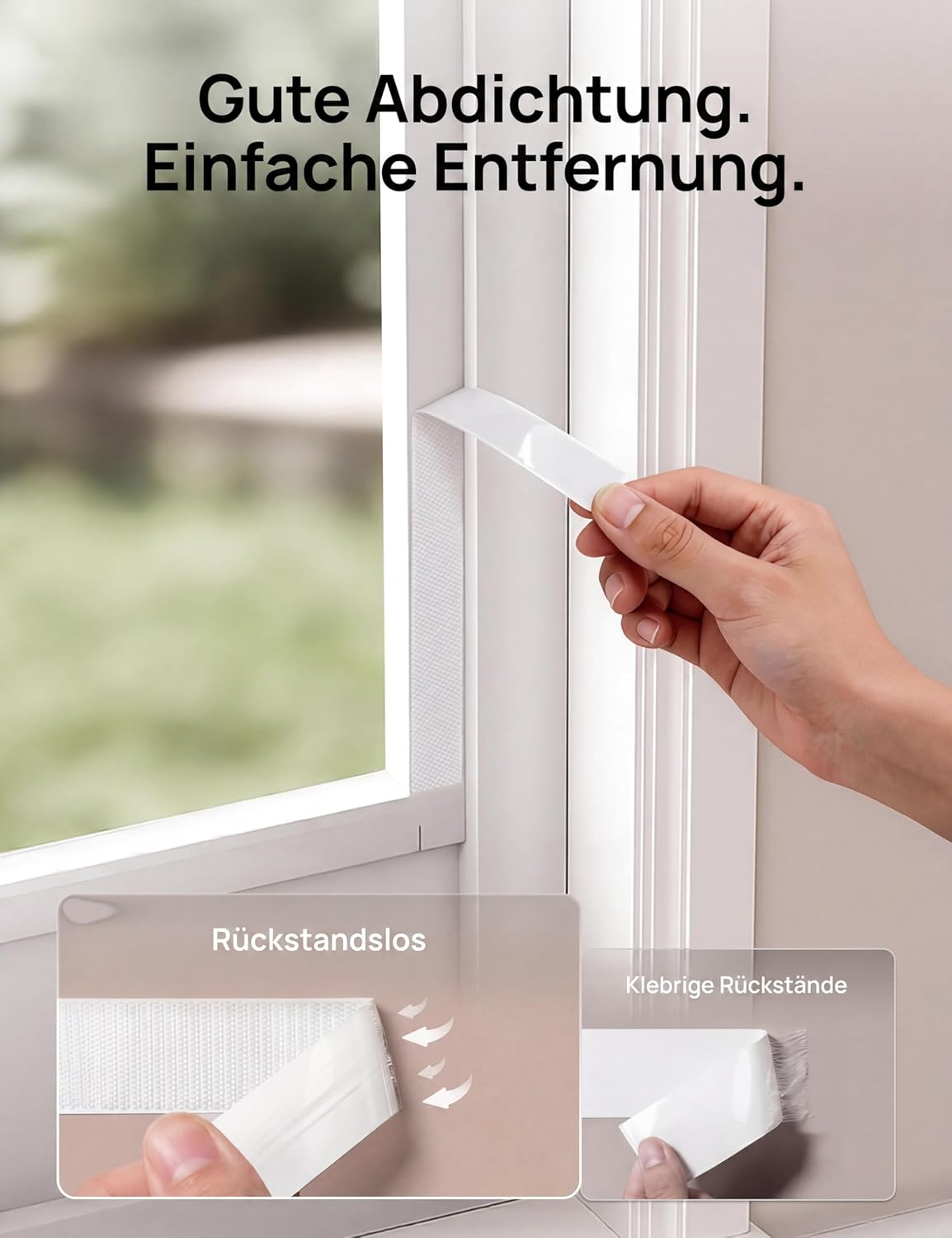 Eine Hand bringt einen Klebestreifen am Fensterrahmen an, mit Einsätzen für rückstandsfreie Entfernung.