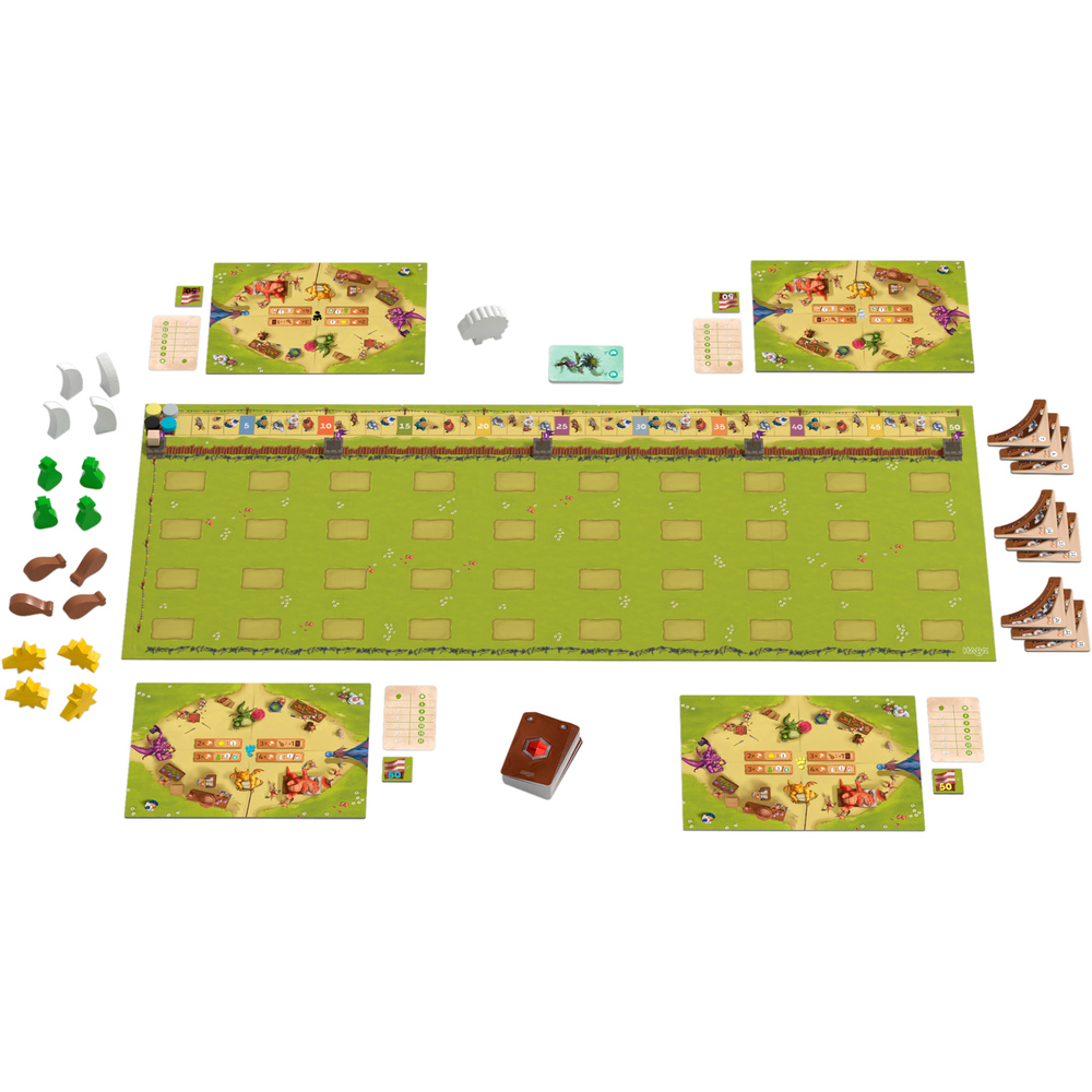 Ein Brettspiel-Layout mit zentraler grüner Wiese, Spielertafeln, Punkteleisten, Karten und verschiedenen Holzfiguren.