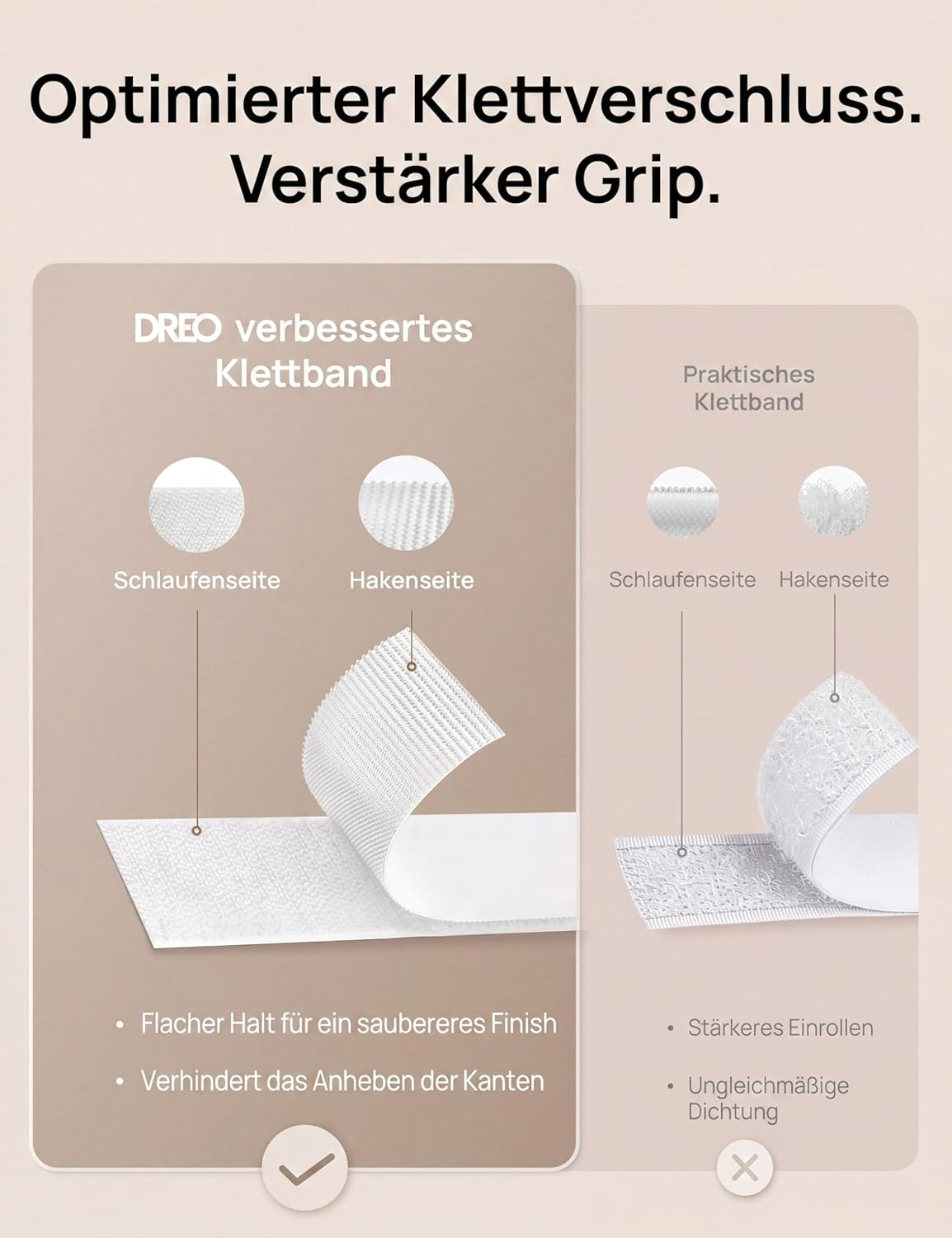Vergleich zweier Klettverschlüsse zeigt die optimierte, flachere DREO-Version mit starkem Grip.