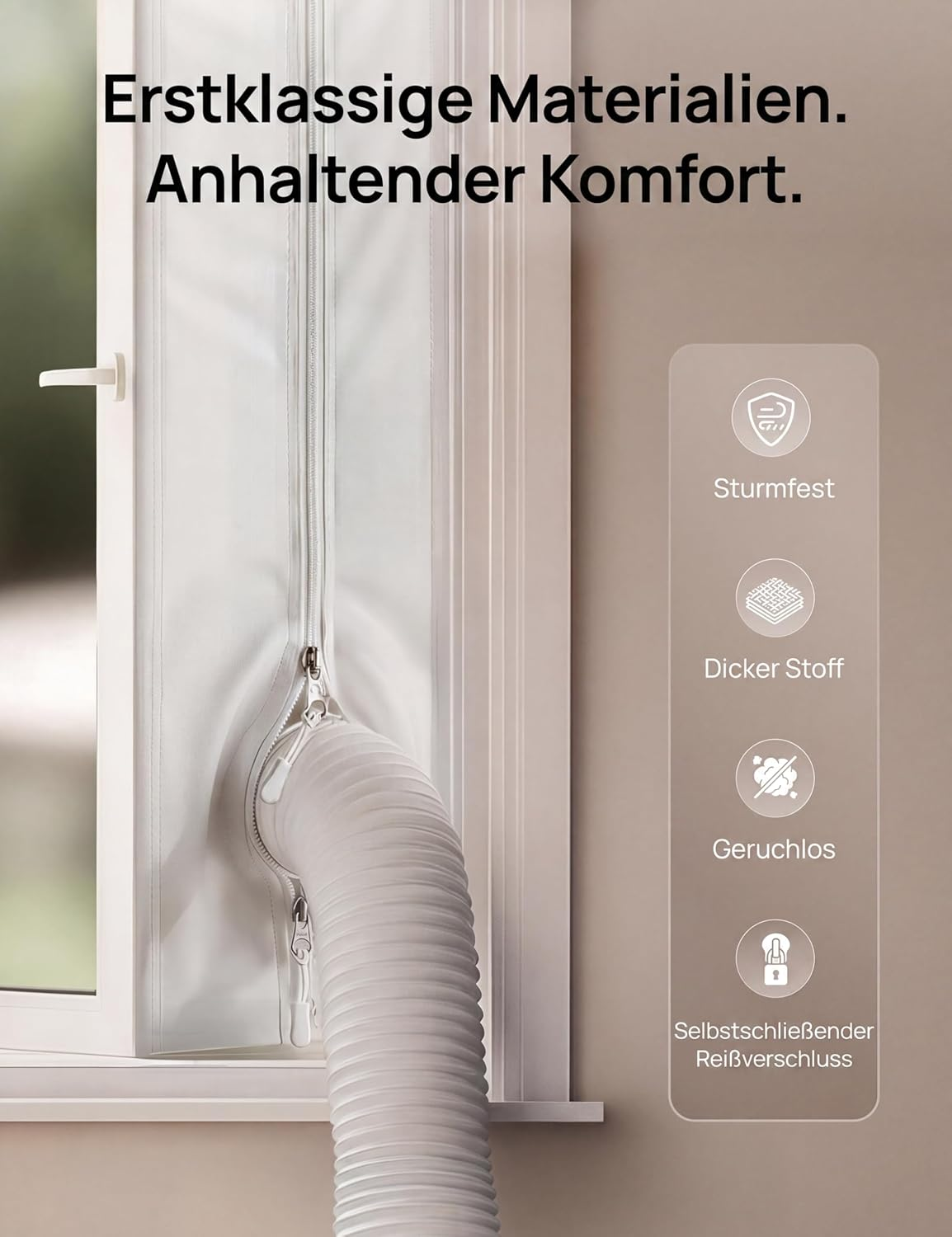 Ein weißer Fenstereinlass für Klimaanlagenschläuche mit Text- und Icon-Merkmalen auf der rechten Seite.