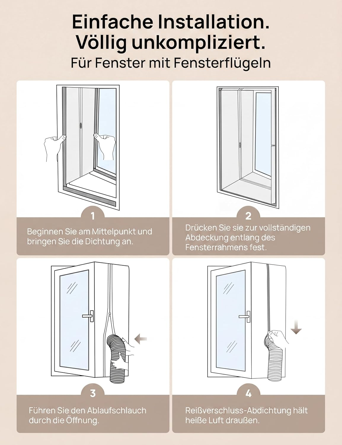 Vier Schritte zur Installation einer Fensterabdichtung für Klimaschläuche.