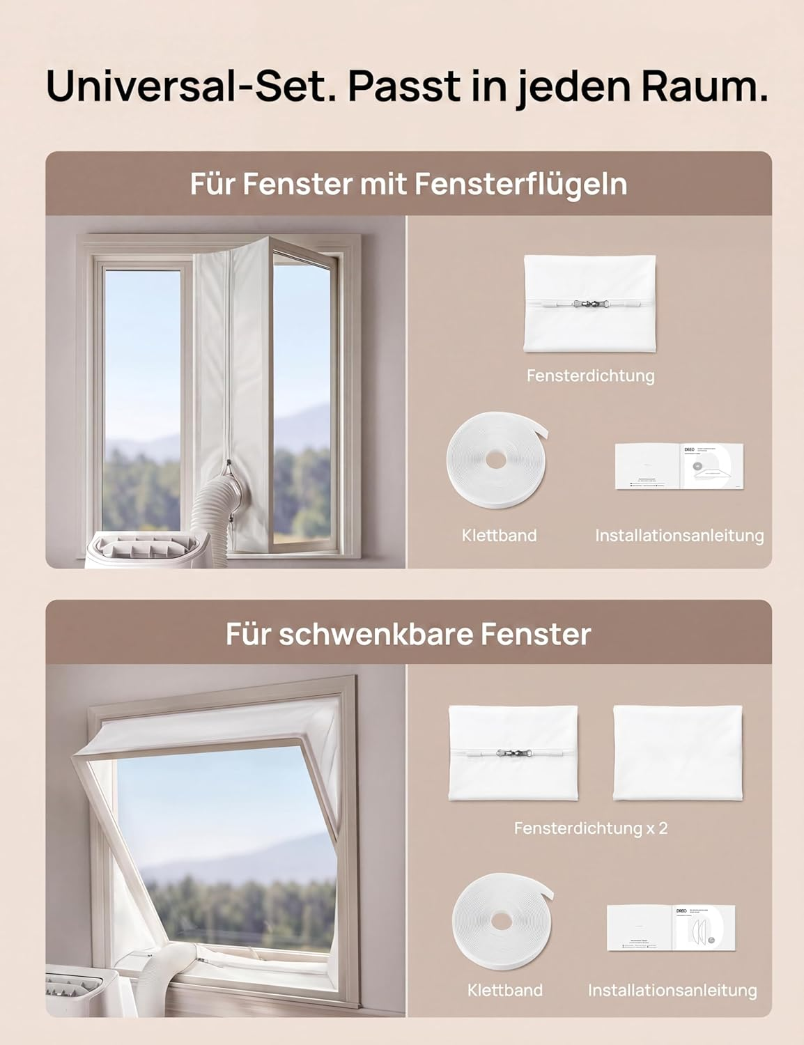 Eine Anleitungsgrafik zeigt universelle Fensterabdichtungssets für Klimaschläuche mit Teilen und Beispielen.
