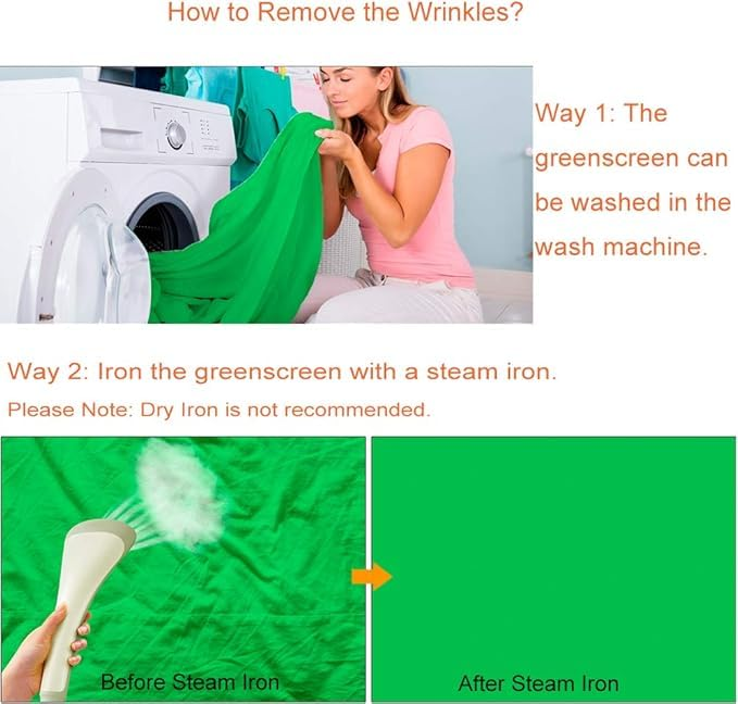 Anleitung zum Entfernen von Falten auf einem Greenscreen per Waschmaschine oder Dampfbügeleisen.