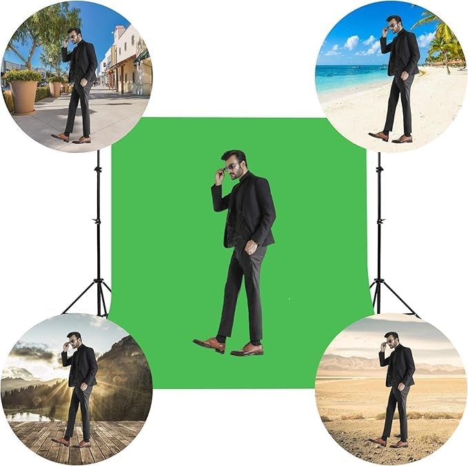 Ein Mann im schwarzen Anzug vor einem Greenscreen, mit vier verschiedenen Hintergrundbildern.