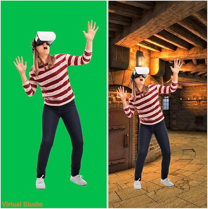 Eine Frau in VR-Brille steht vor einem Greenscreen, der zu einem Schlosskeller wechselt.