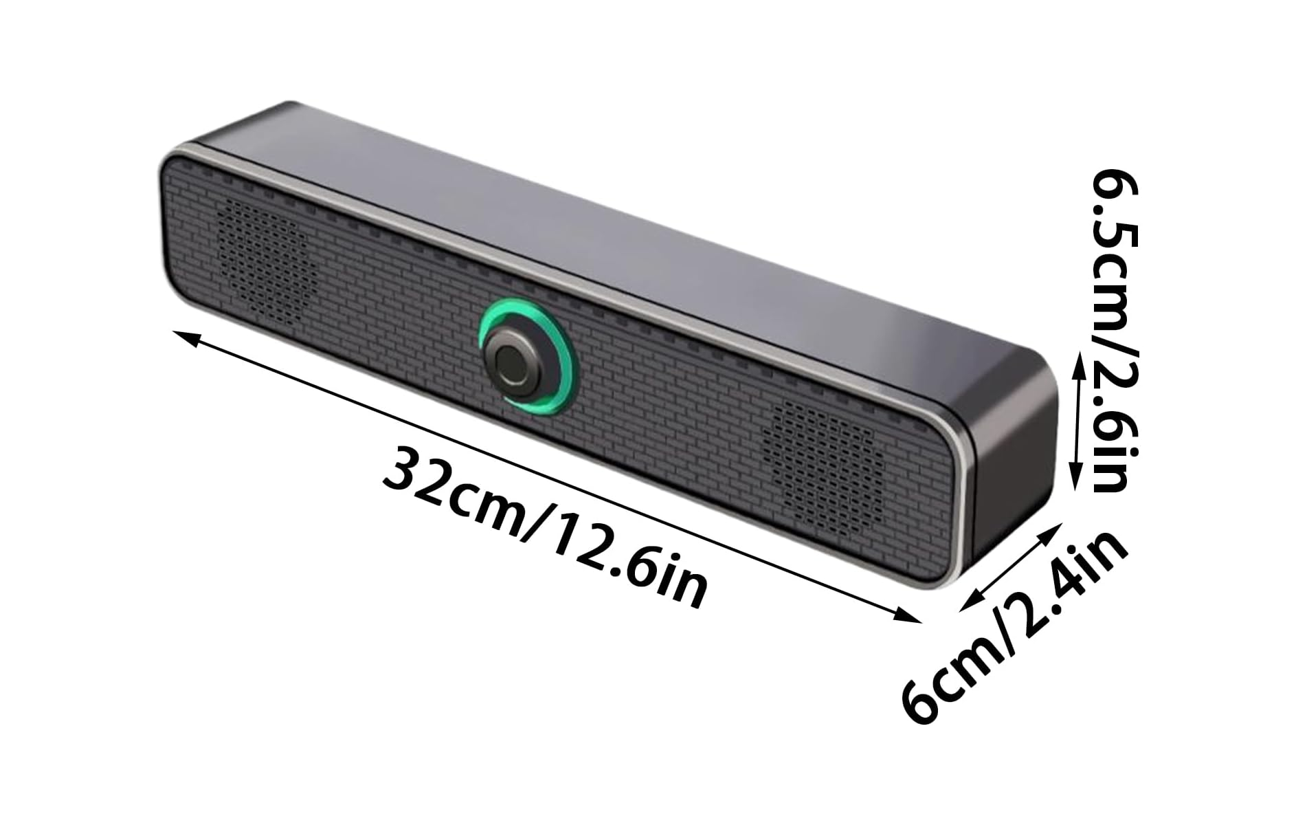 Längliche graue Soundbar mit Lautsprechern, Drehknopf in der Mitte und Maßangaben.