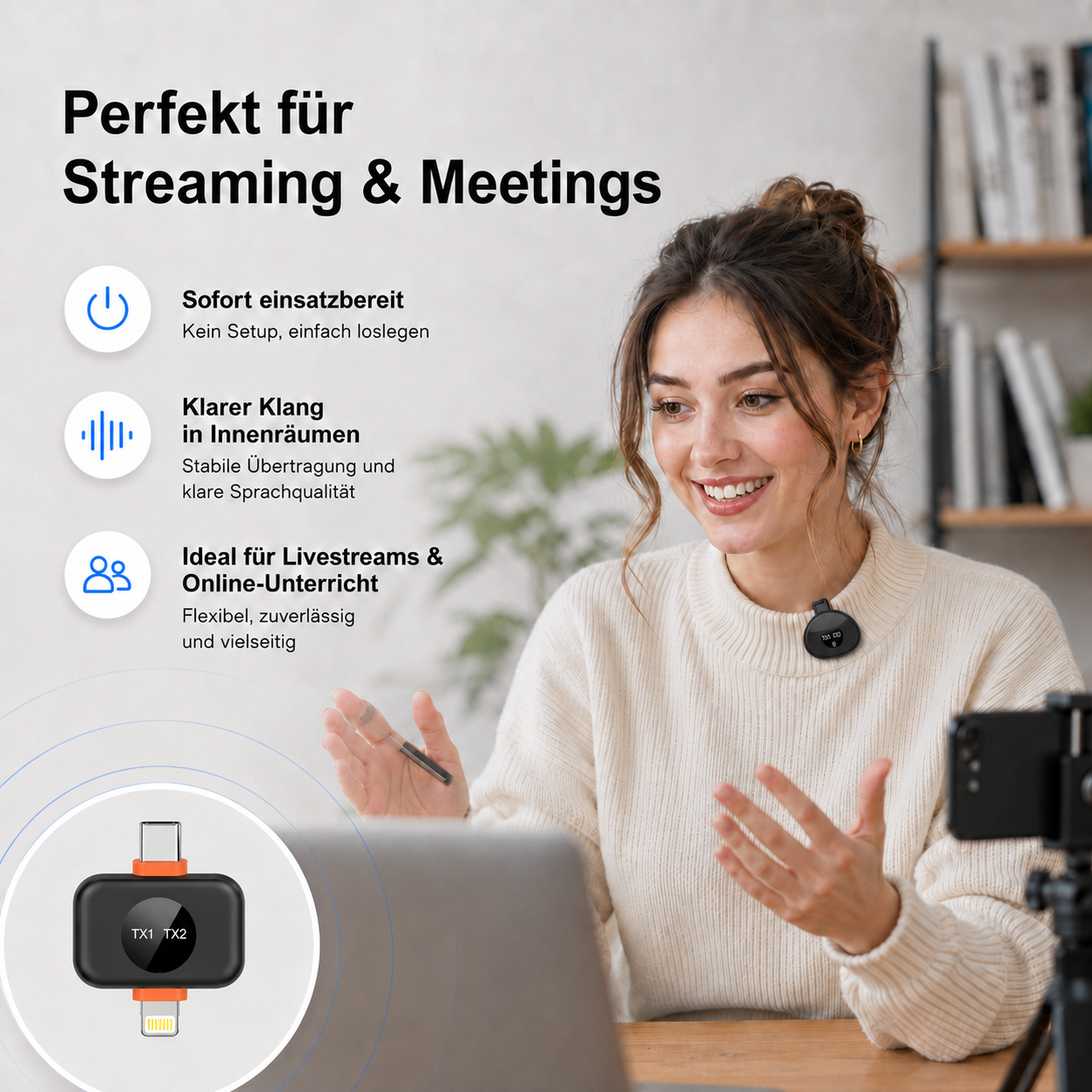 Frau mit Mikrofon am Pullover l ächelt beim Streaming vor Laptop und Smartphone.
