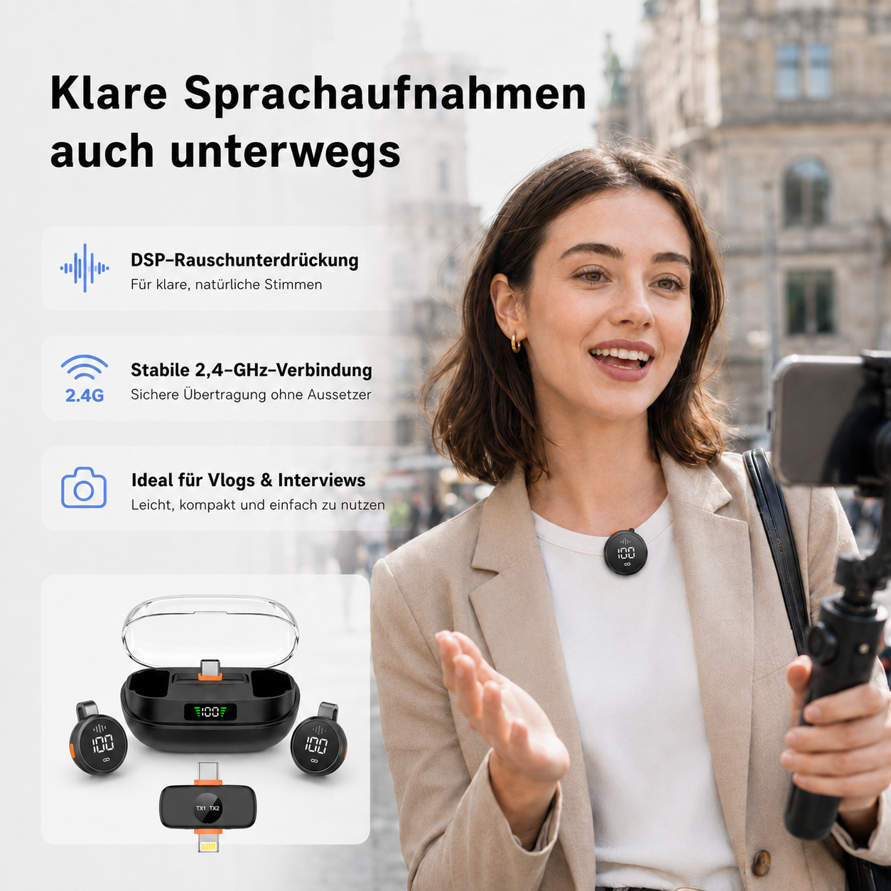 Eine lächelnde Frau vloggt im Freien mit einem kleinen Ansteckmikrofon, Produktmerkmale und Ladecase sind eingeblendet.