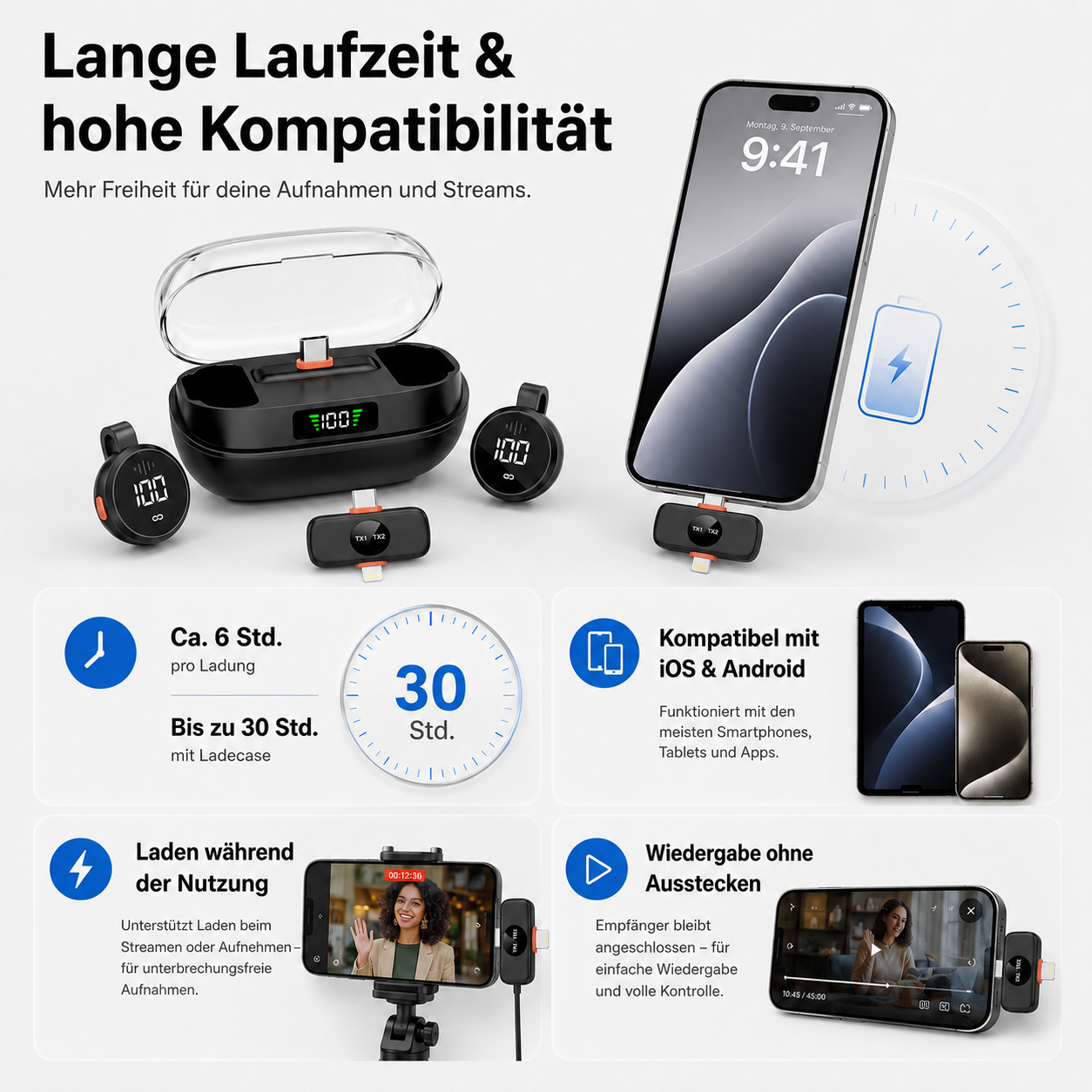 Kabellose Mikrofone mit Ladecase und Smartphone-Kompatibilität sowie Akkuanzeige.