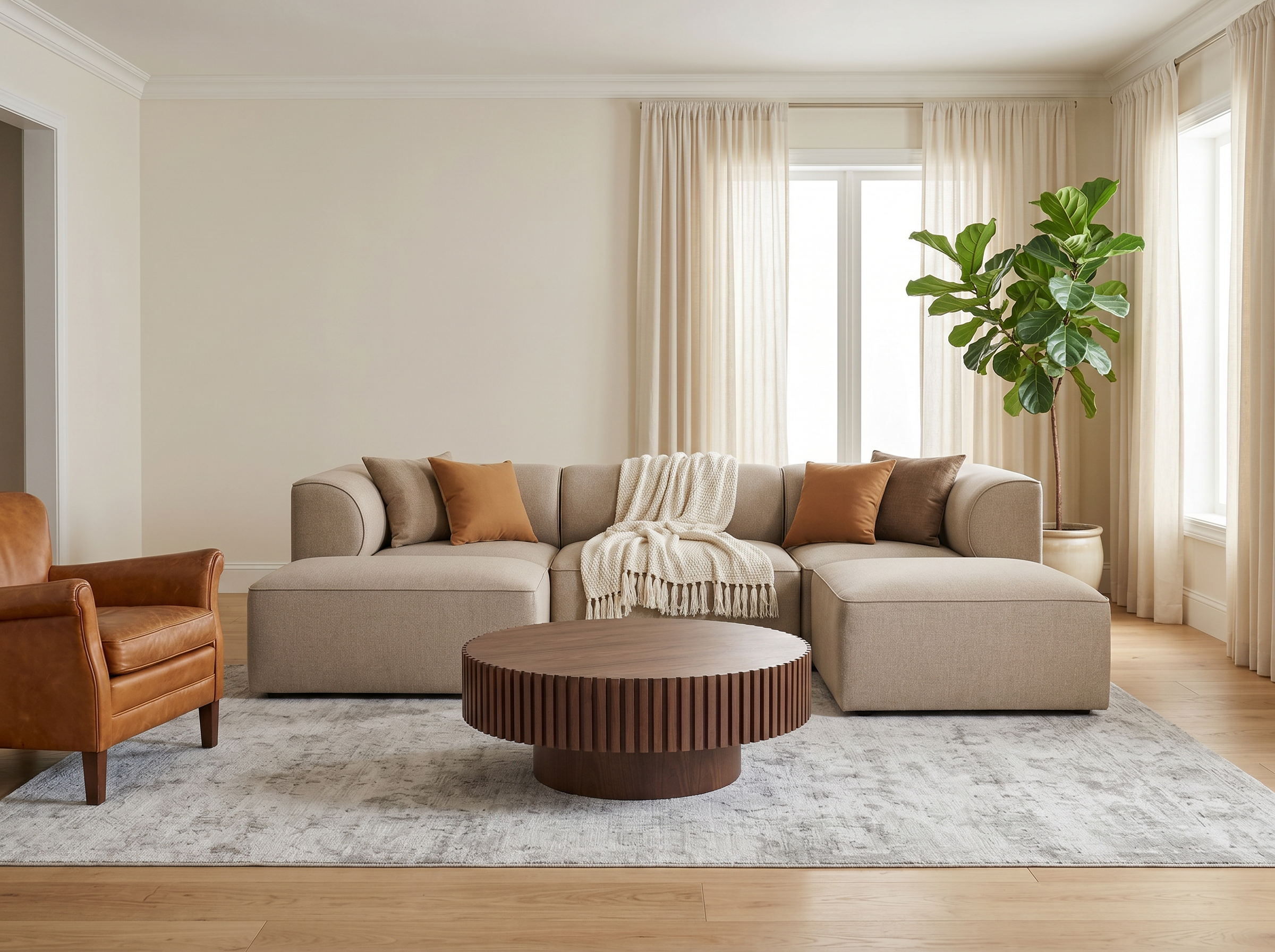 Ein gemütliches Wohnzimmer mit beigem Sofa, Holztisch, Ledersessel, Teppich und grüner Pflanze vor hellem Fenster.