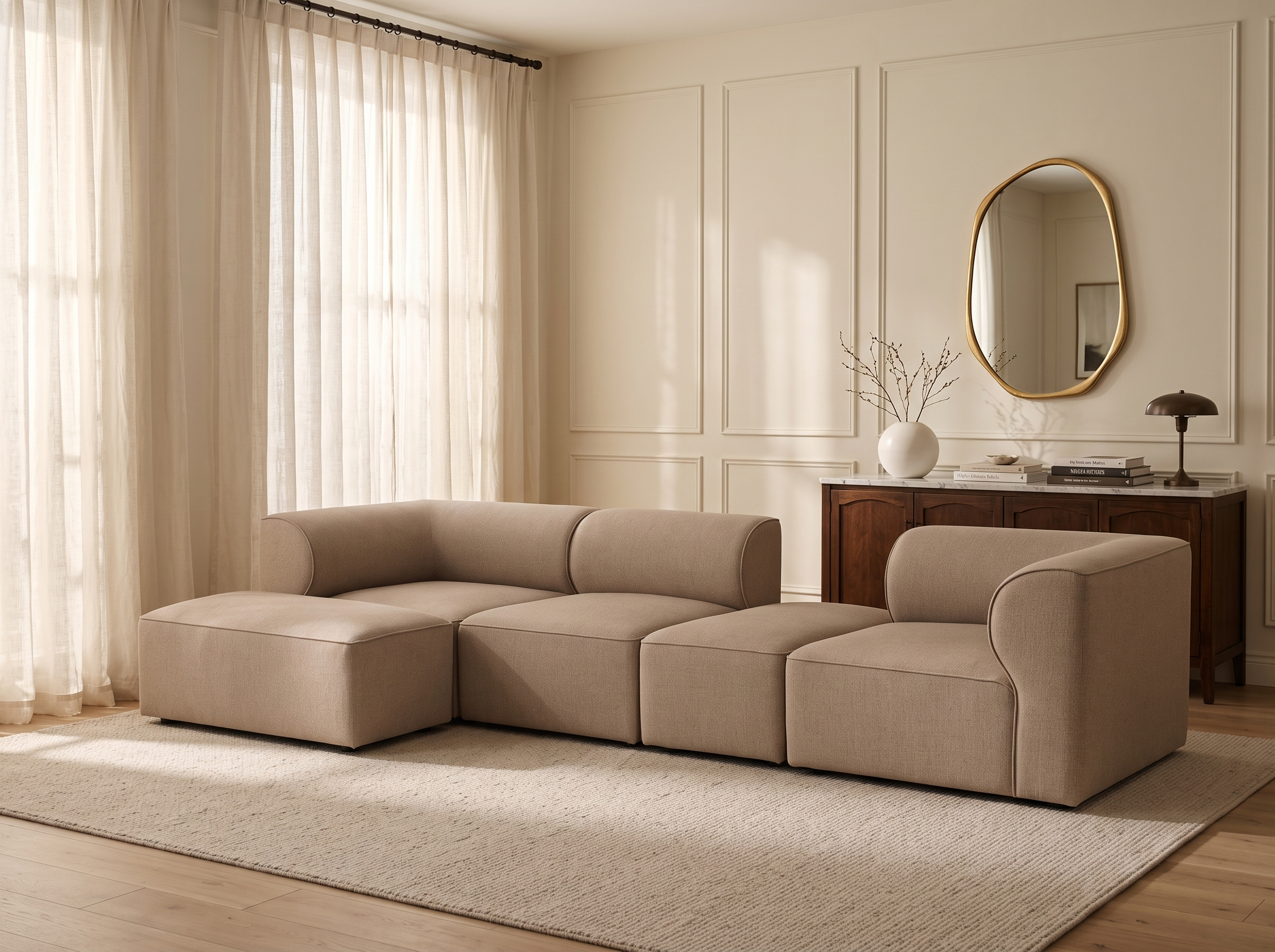 Ein beigefarbenes modulares Sofa auf einem Teppich in einem hellen, eleganten Wohnzimmer mit Vorhängen und Spiegel.