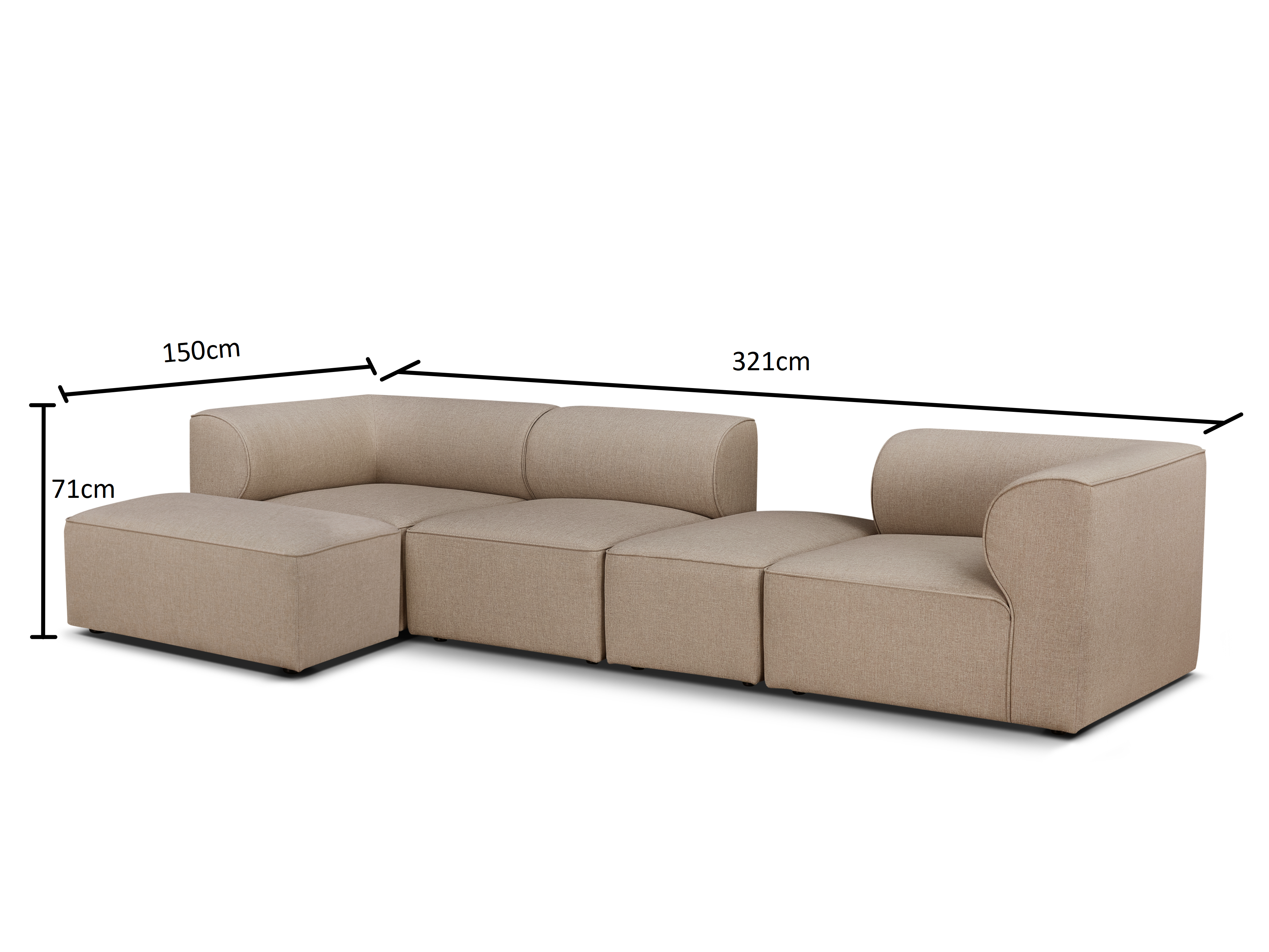 Beiges modulares Ecksofa mit den Maßen 321 cm Breite, 150 cm Tiefe und 71 cm Höhe vor weißem Hintergrund.