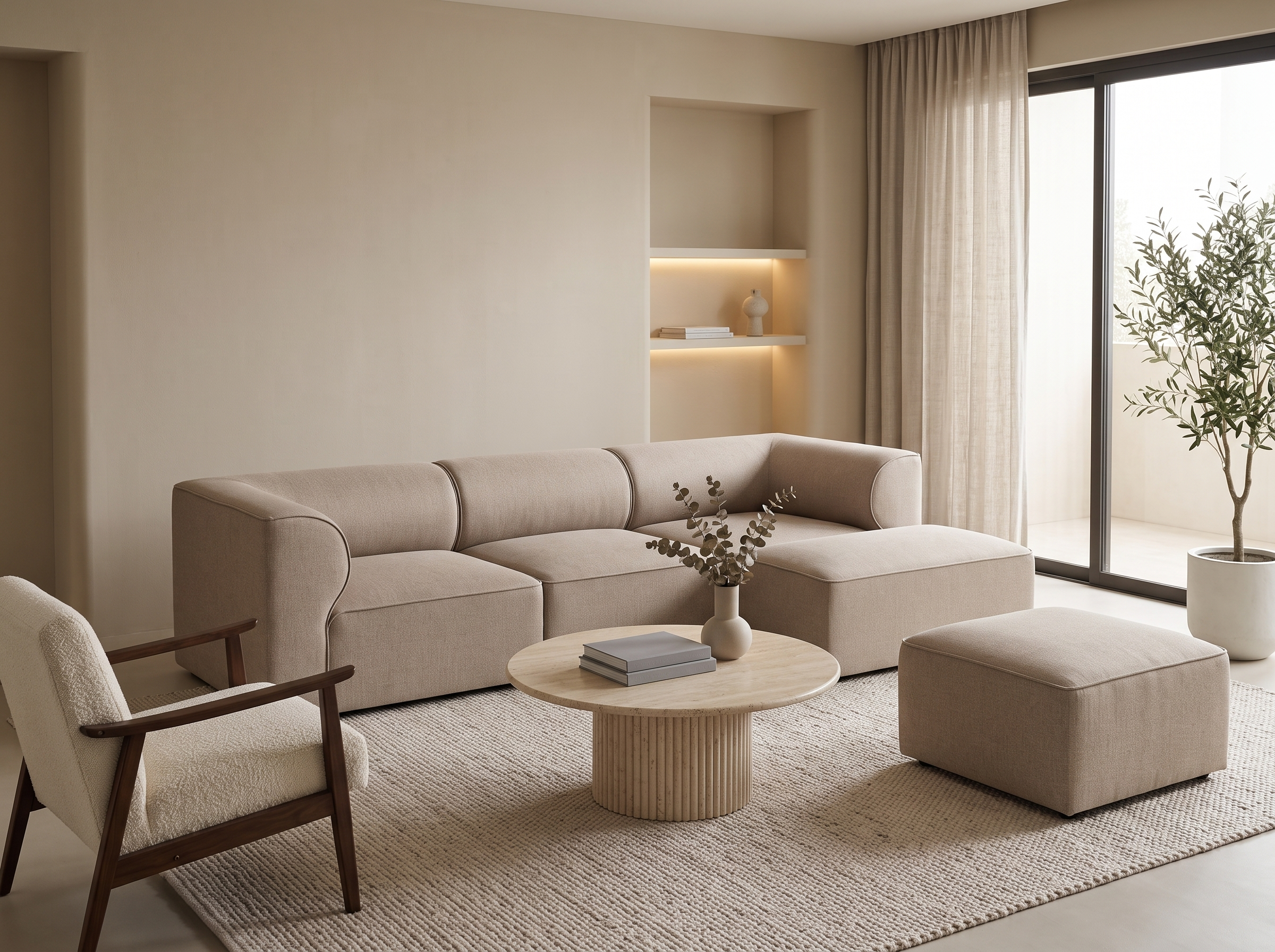 Moderne, beige Wohnzimmer mit Sofa, Kaffeetisch, Sessel, Hocker, Pflanze und beleuchtetem Wandregal.