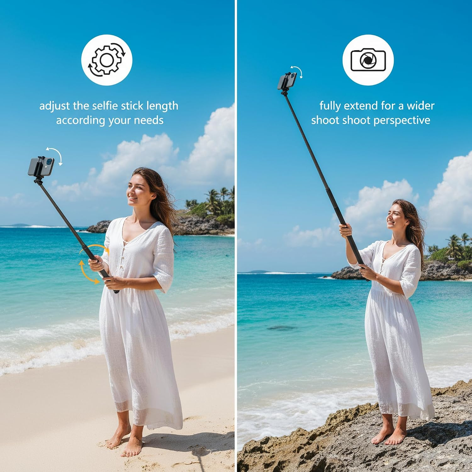 Eine Frau in weißem Kleid am Strand zeigt die Nutzung eines verstellbaren Selfie-Sticks.