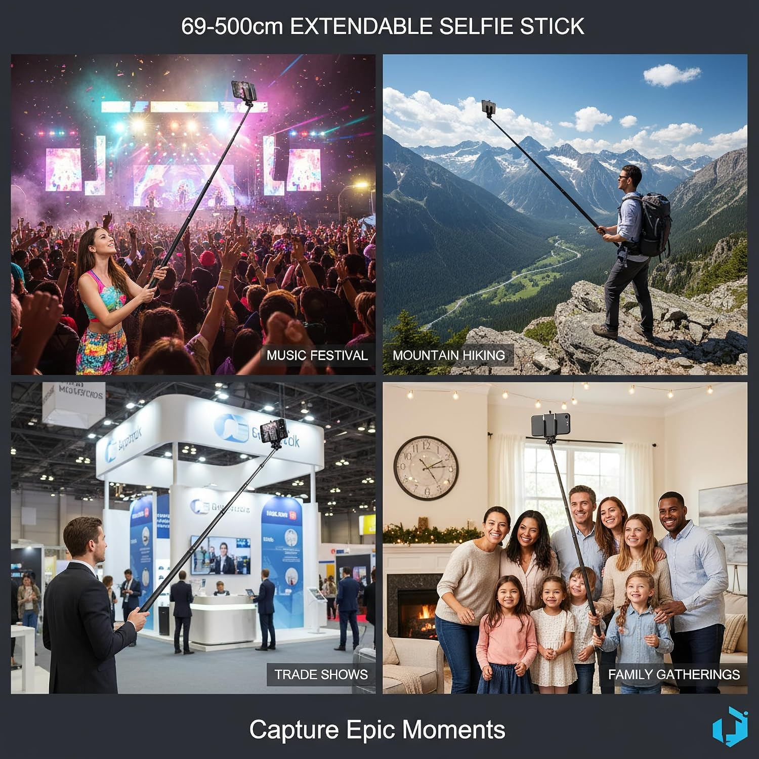 Vier Bilder zeigen Menschen mit einem langen Selfie-Stick bei Musikfestival, Bergwanderung, Messe und Familienfeier.