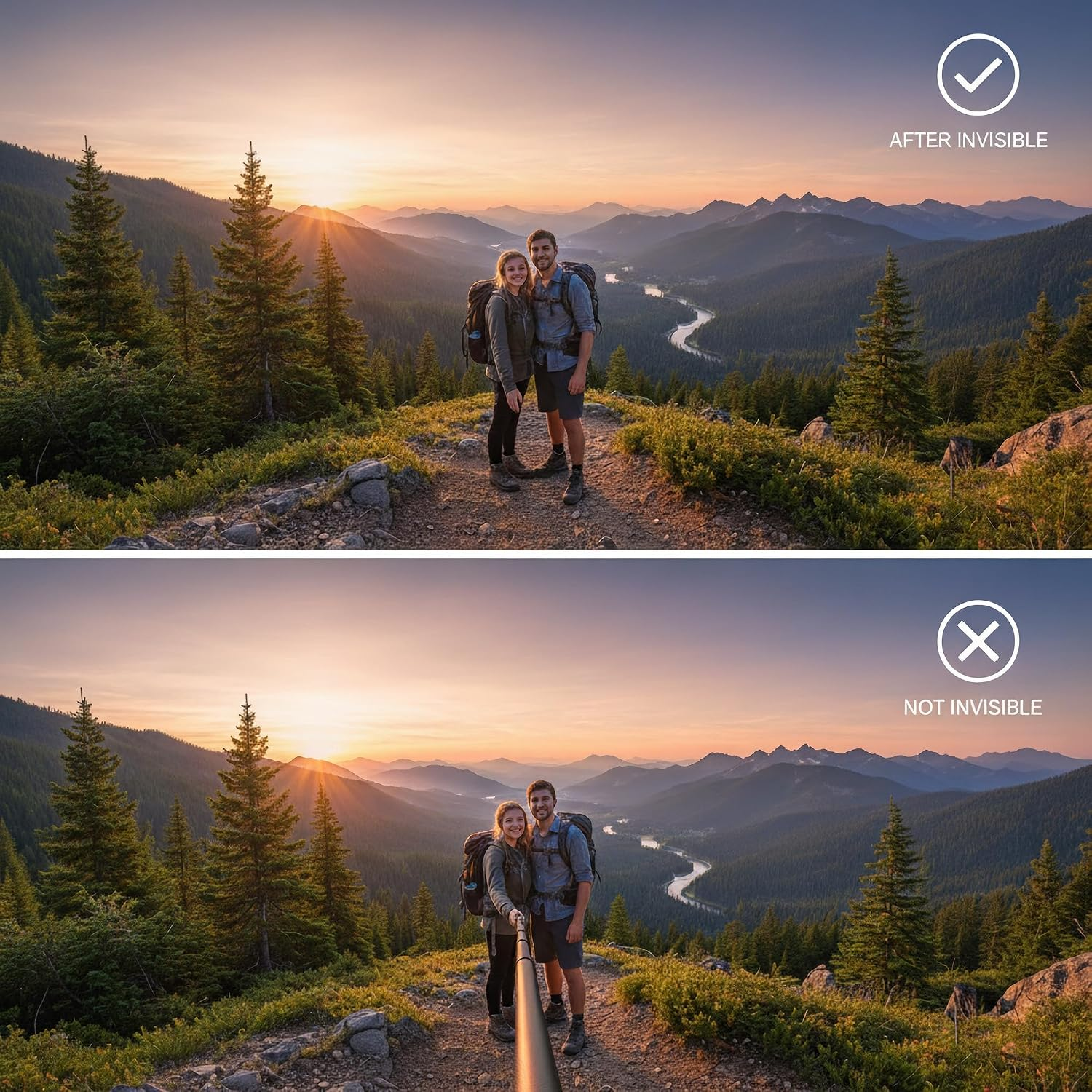 Zwei Wanderbilder zeigen ein Paar auf einem Berg und vergleichen unsichtbaren und sichtbaren Selfiestick.