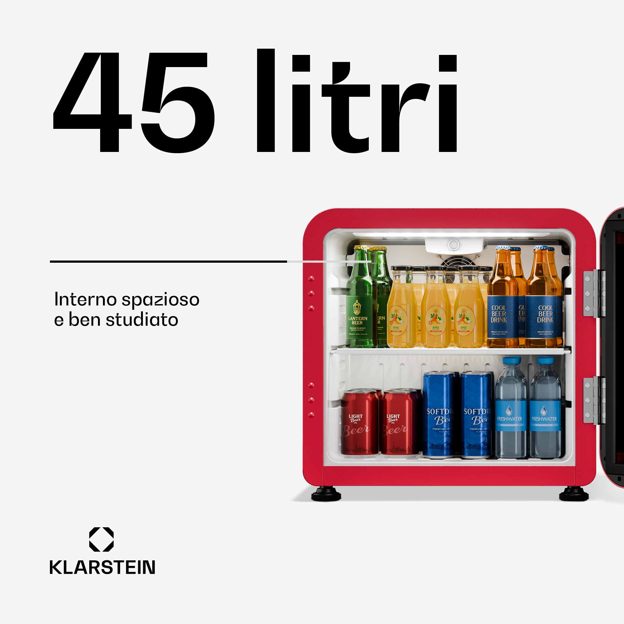Mininevera roja Klarstein de 45 litros, bien surtida con botellas de cerveza y latas.