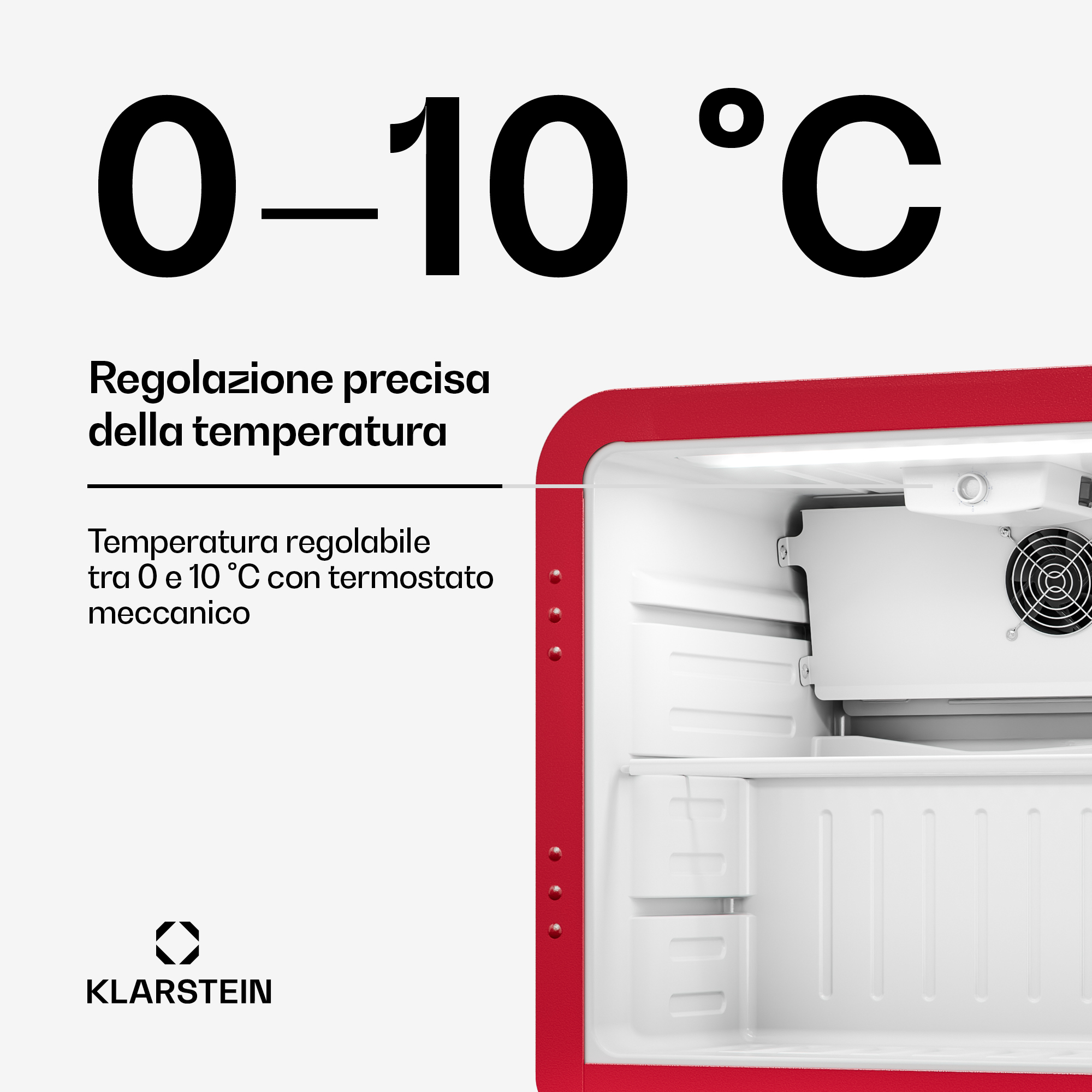 Refrigerador rojo abierto con texto 0-10 C y logo de Klarstein.