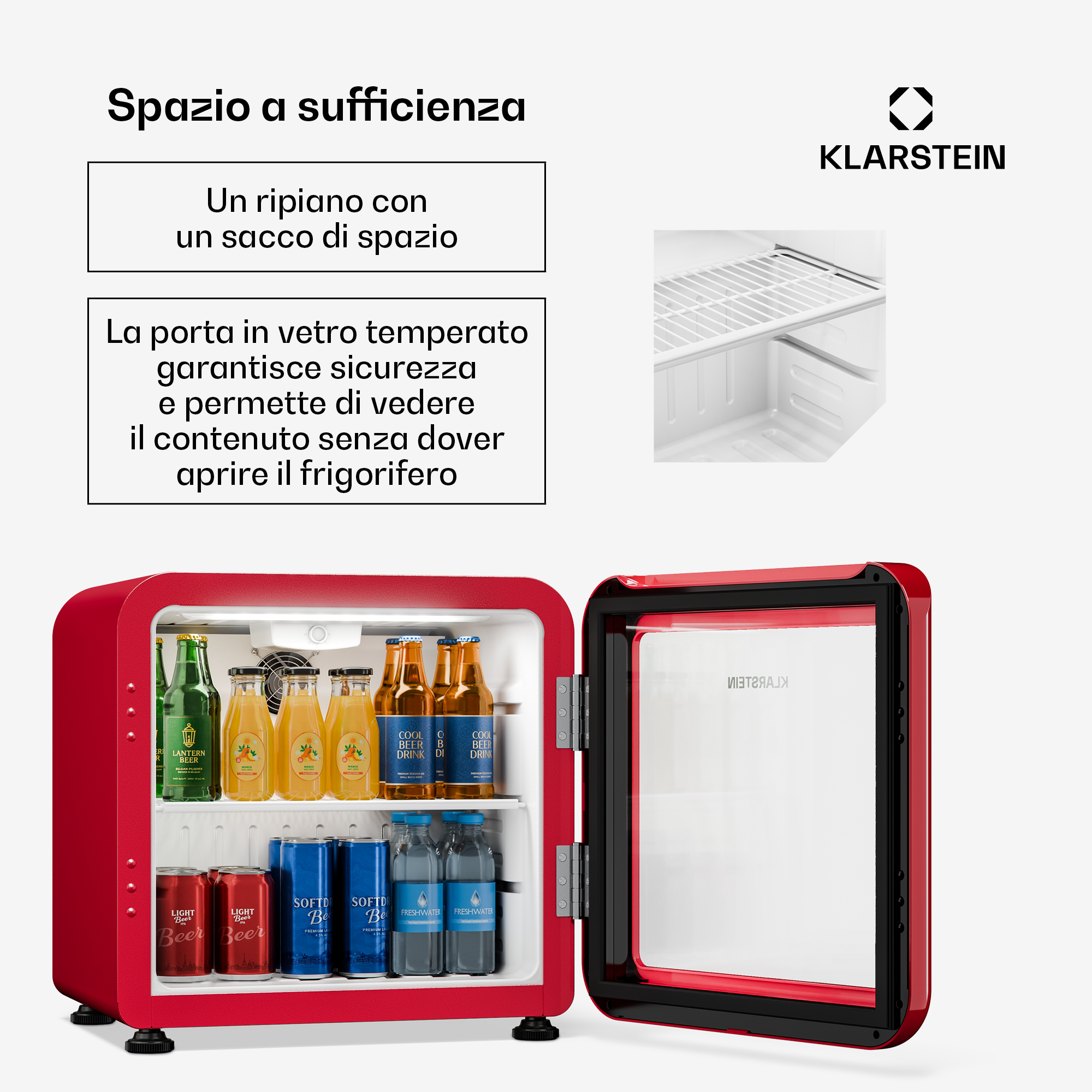 Un mini frigorífico rojo Klarstein con puerta de cristal está abierto, mostrando botellas y latas.