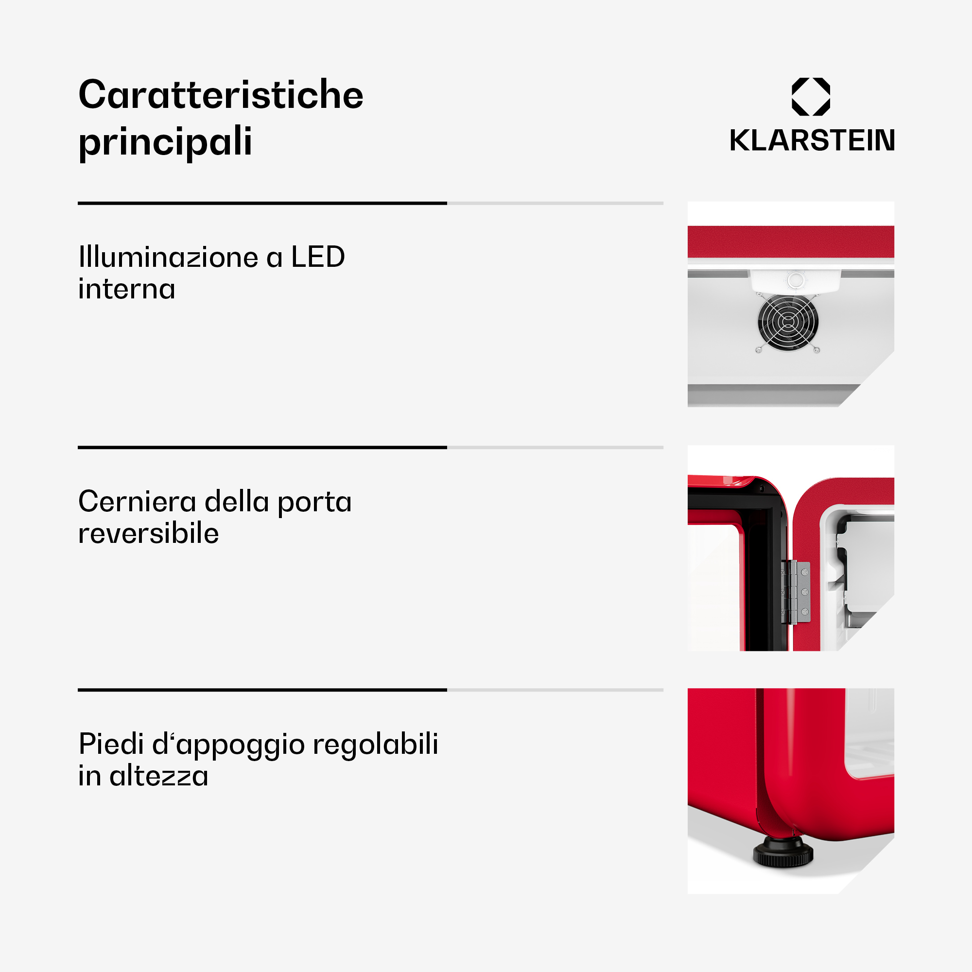 Infografía de Klarstein con características: iluminación LED interior, bisagra de puerta reversible y patas ajustables.