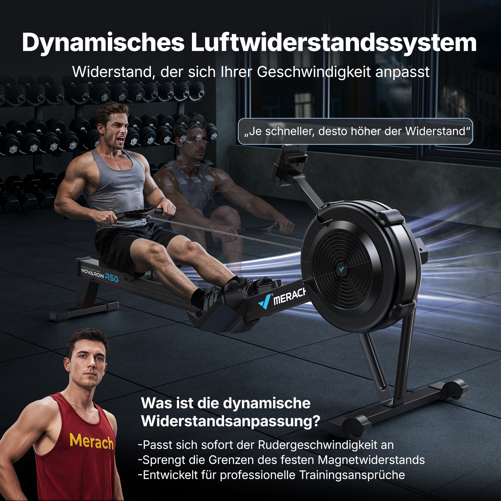 Ein Mann trainiert auf einem schwarzen Merach R50 Rudergerät in einem Fitnessstudio mit Hanteln im Hintergrund.
