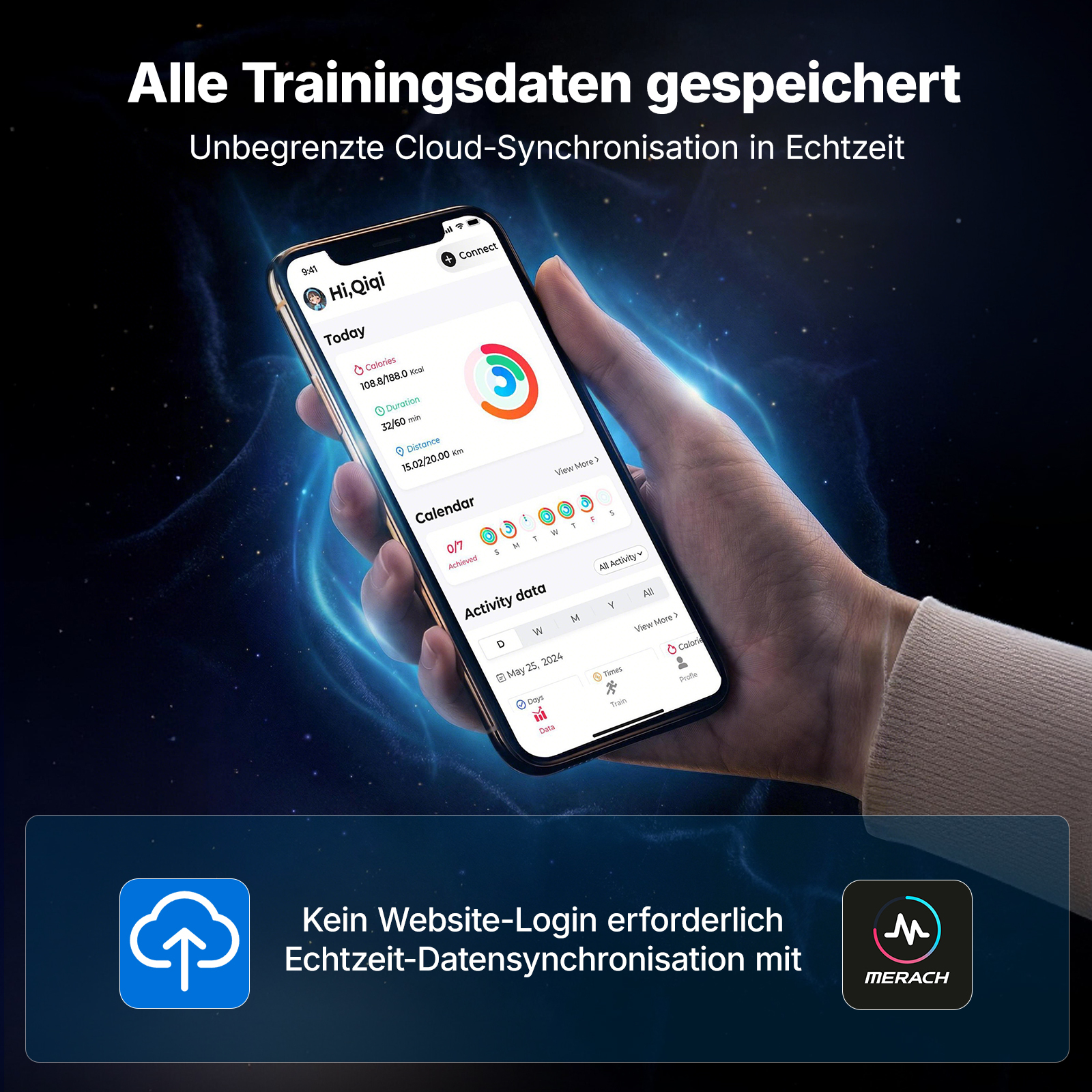 Hand hält Smartphone mit Fitness-App, die Trainingsdaten und Echtzeit-Cloud-Synchronisation zeigt.