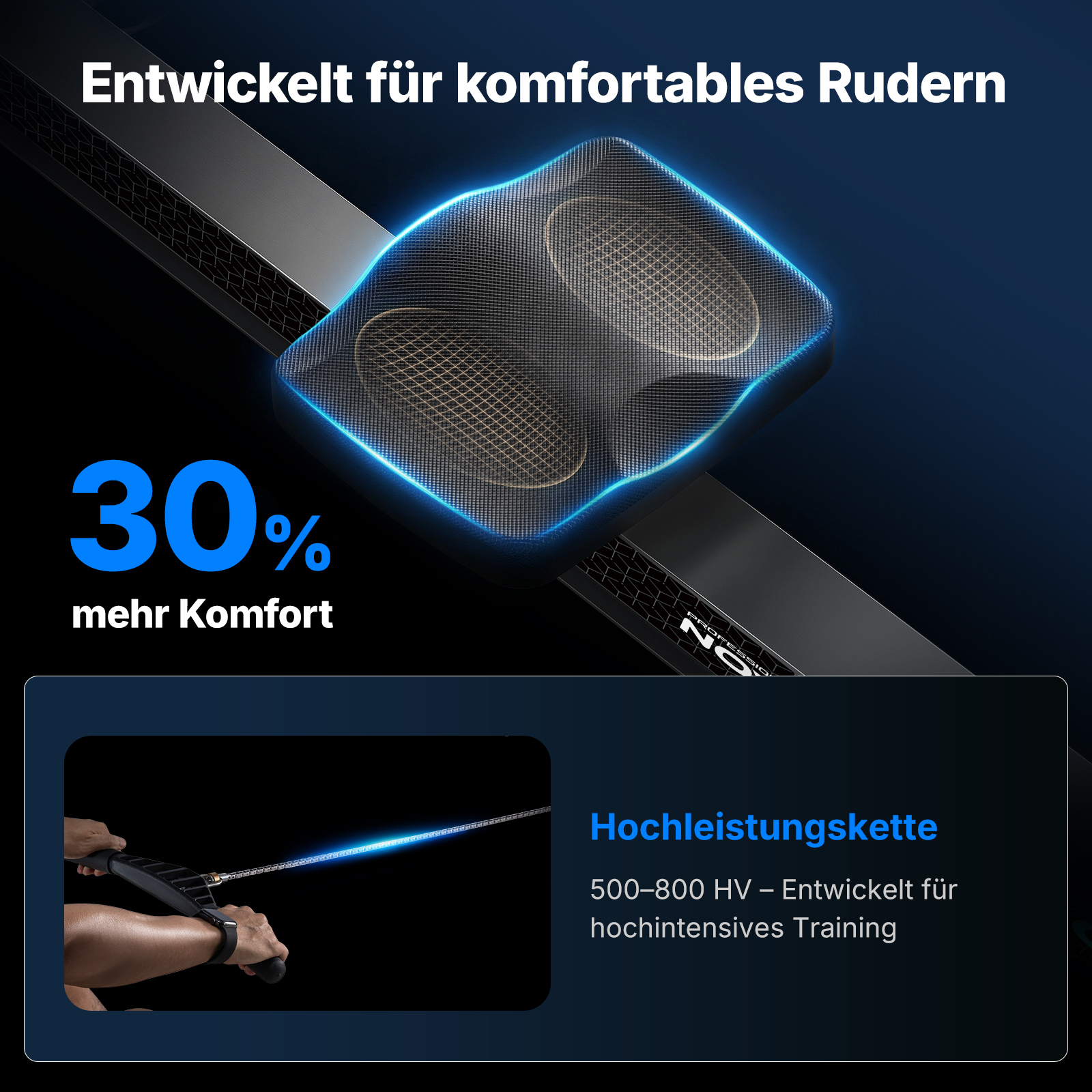 Ergonomisches Ruderkissen und Kette für komfortables, intensives Training.