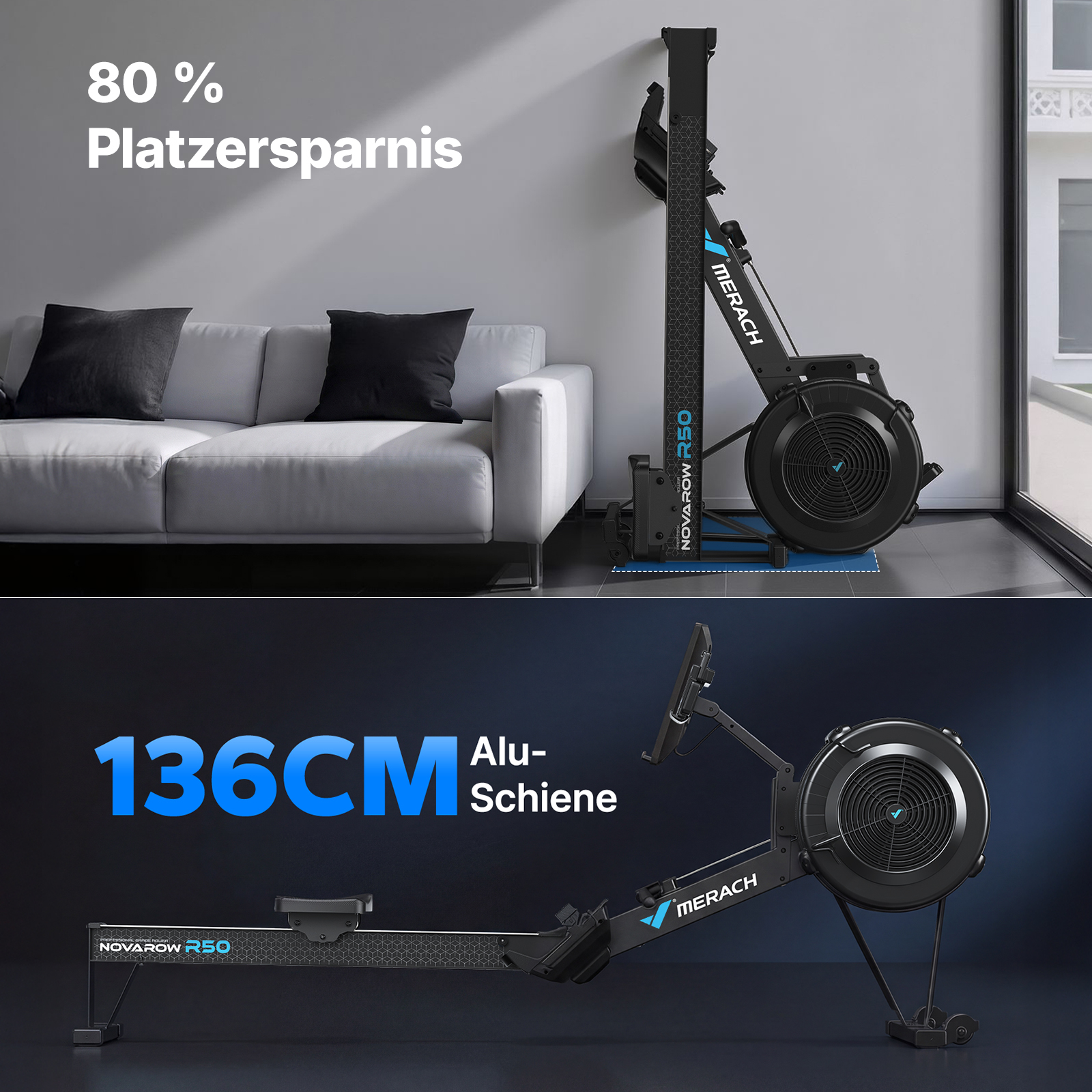 Merach R50 Rudergerät mit 80% Platzersparnis bei vertikaler Lagerung und 136cm Aluschiene.