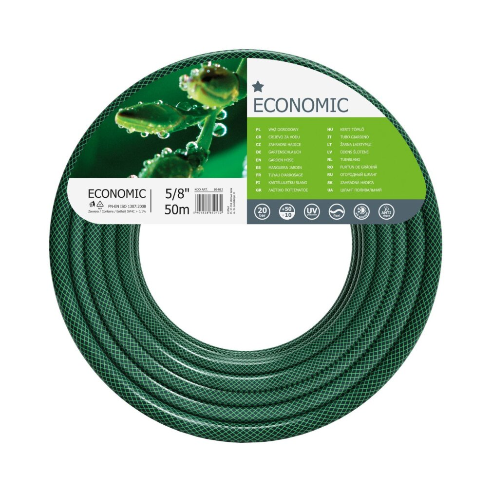 Ein aufgerollter grüner Gartenschlauch Economic, 5/8 Zoll und 50 Meter, mit Etikett.