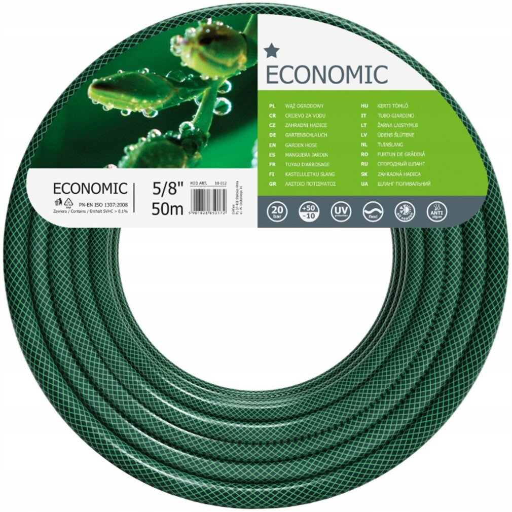 Ein aufgerollter grüner Gartenschlauch 5/8 Zoll und 50 Meter lang mit Produktetikett.