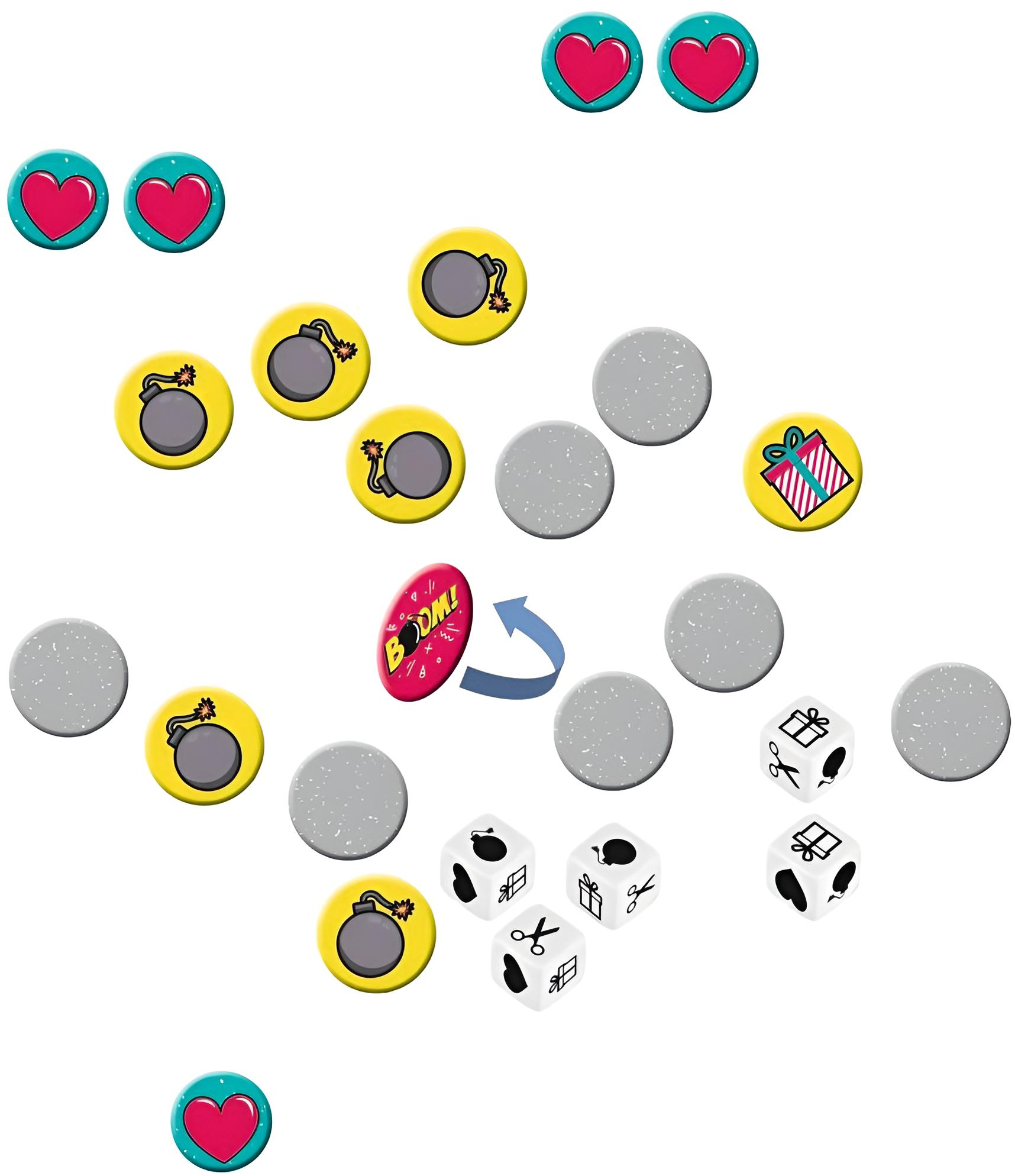 Ein Spielbrett mit bunten runden Plättchen mit Herzen, Bomben, Geschenken und grauen Kreisen sowie Würfeln.