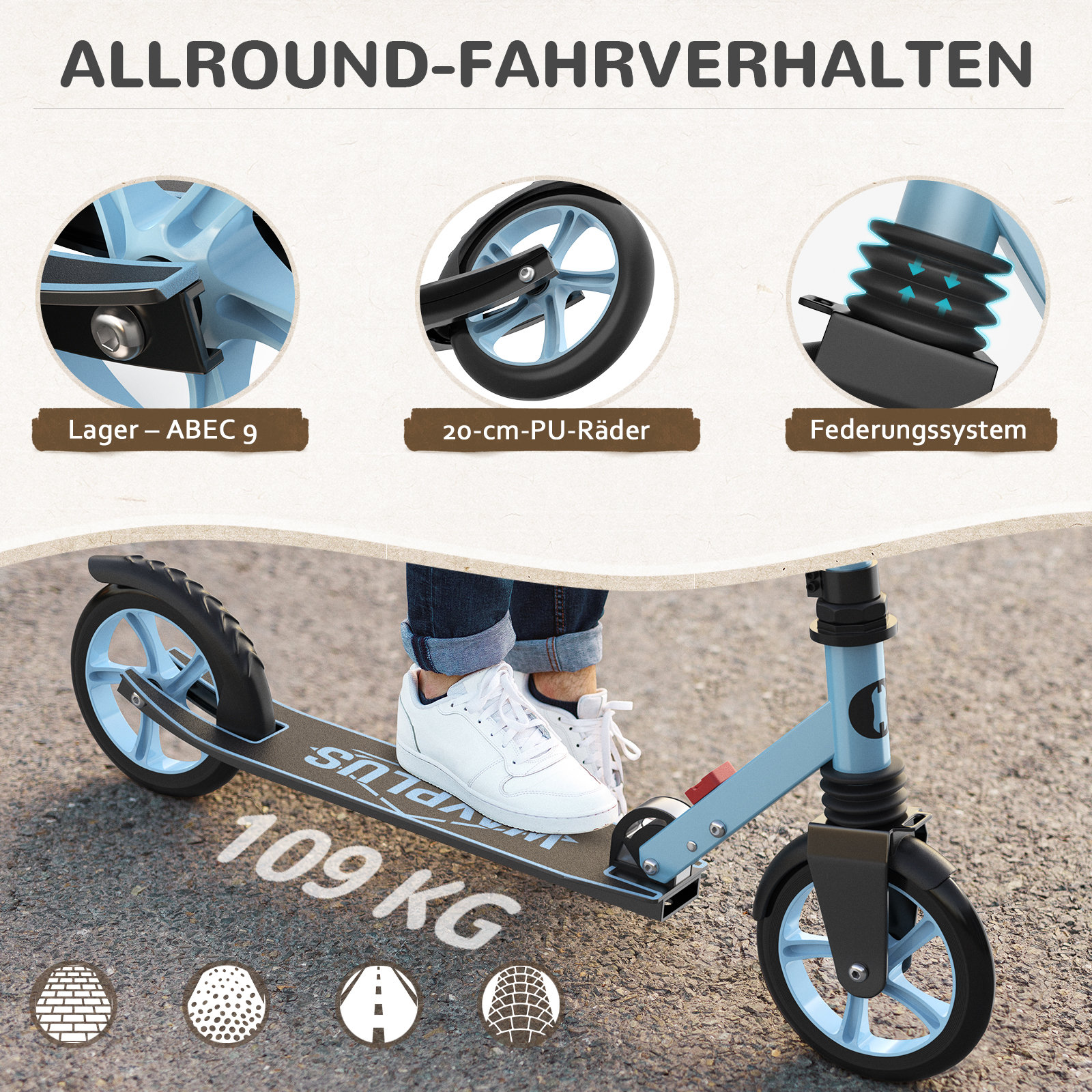 Details eines hellblauen Rollers mit 20-cm-PU-Rädern und ABEC-9-Lagern.