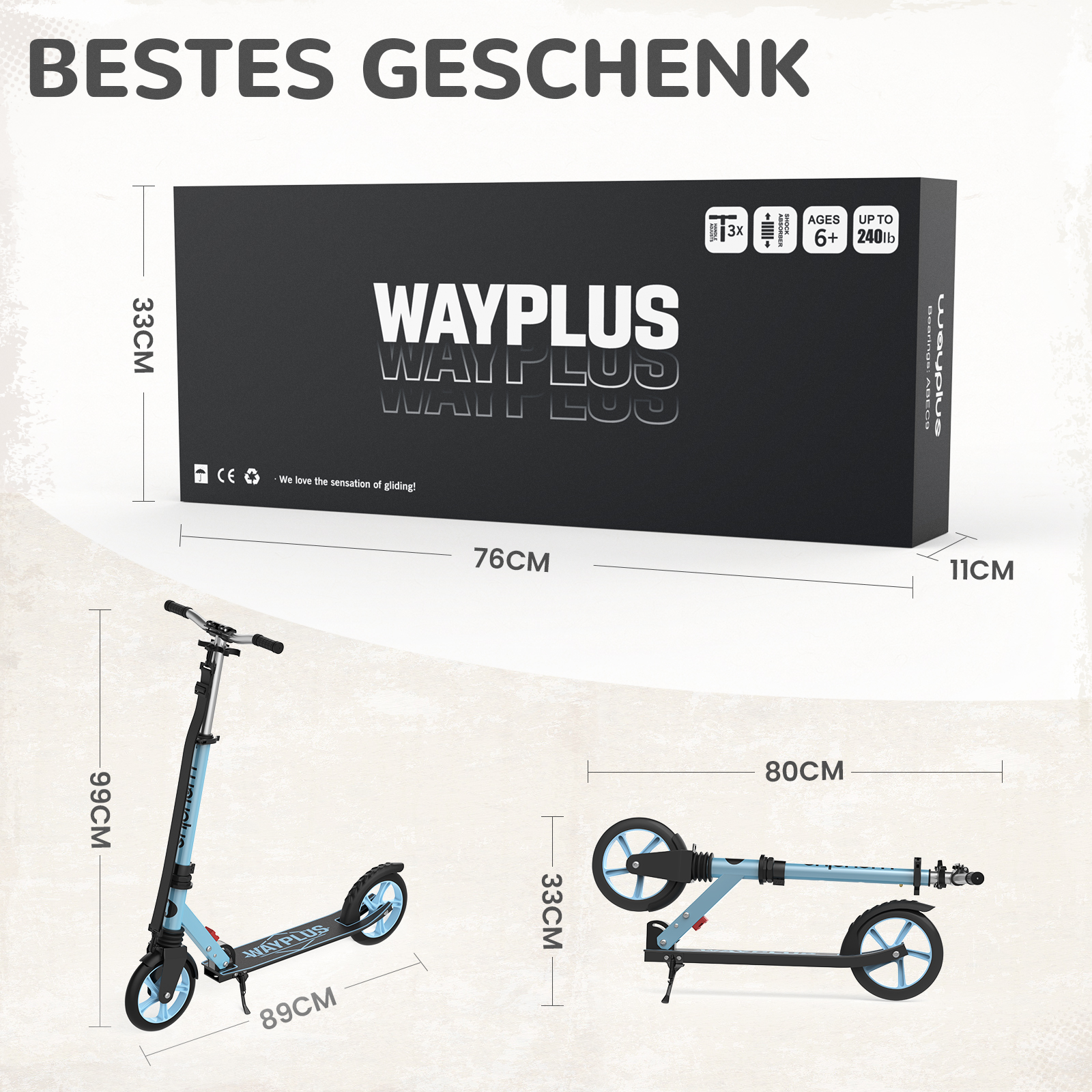 Blauschwarzer Wayplus-Tretroller mit Abmessungen, gefaltet und entfaltet, neben seiner Verpackungsbox.