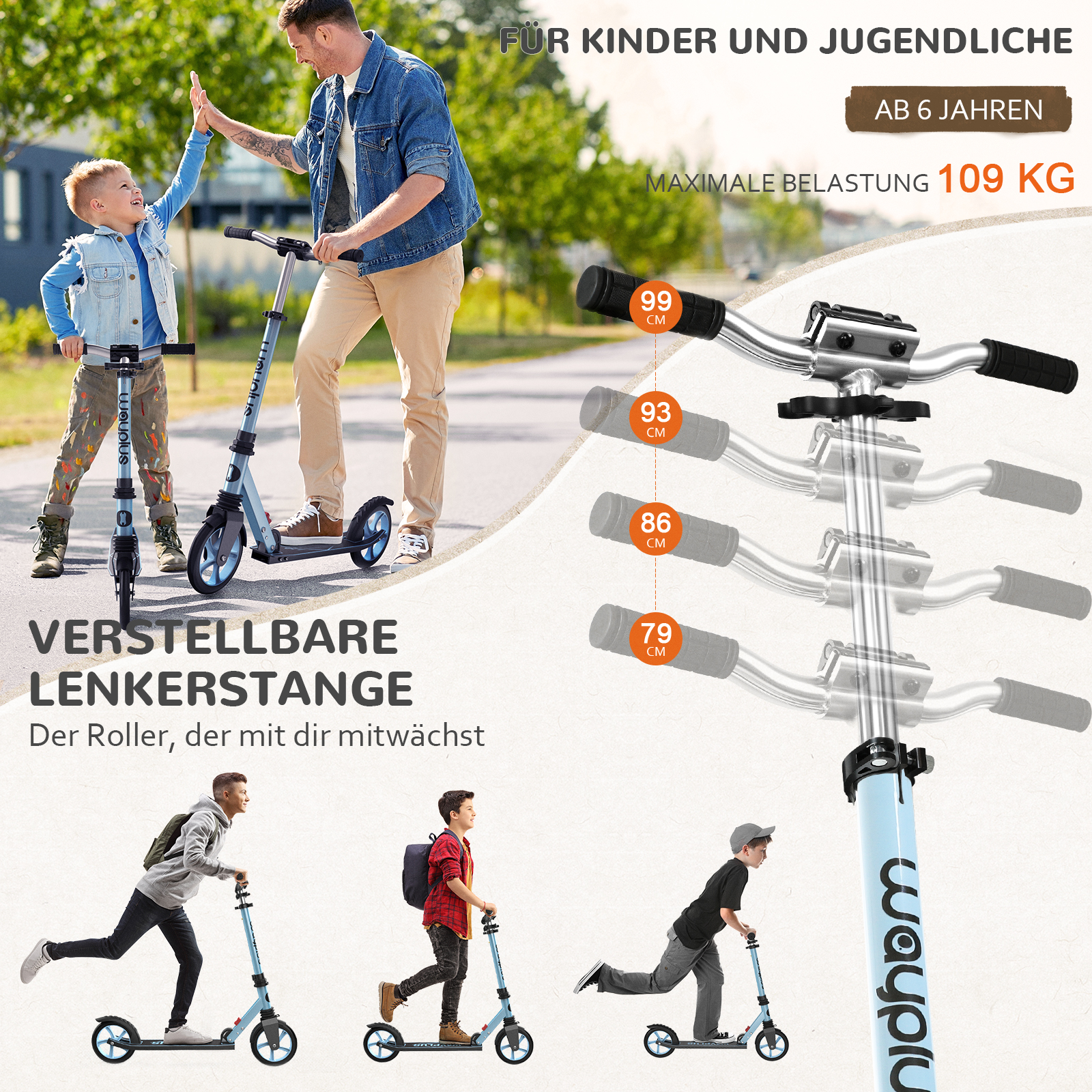 Ein Vater und Kind fahren Roller im Park, mit Grafiken zur verstellbaren Lenkerstange.