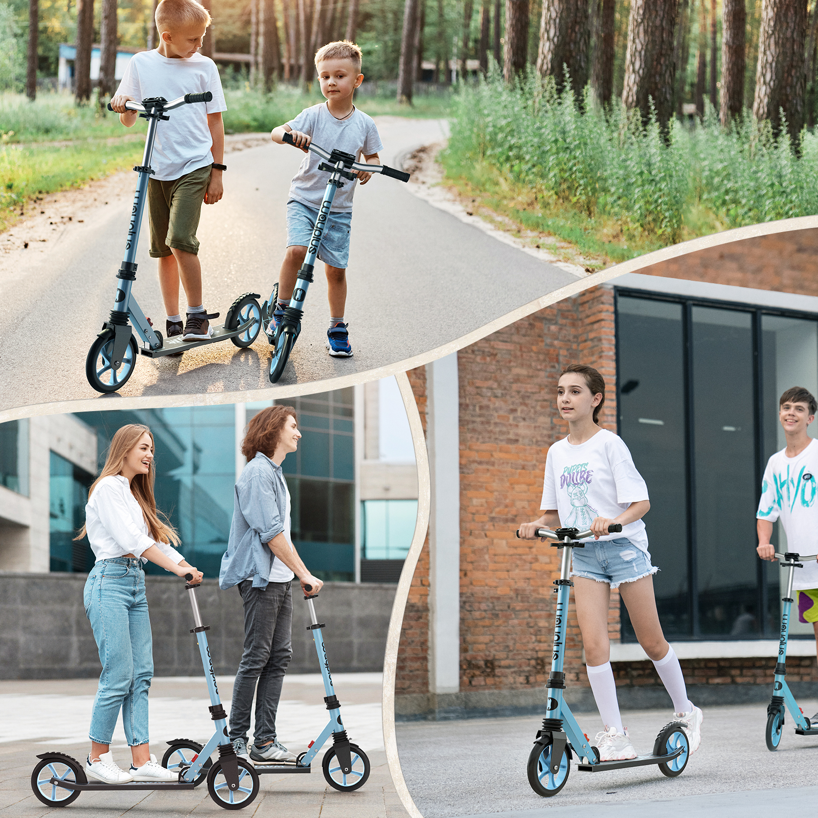 Collage von Kindern und Jugendlichen beim Rollerfahren im Freien auf verschiedenen Wegen.