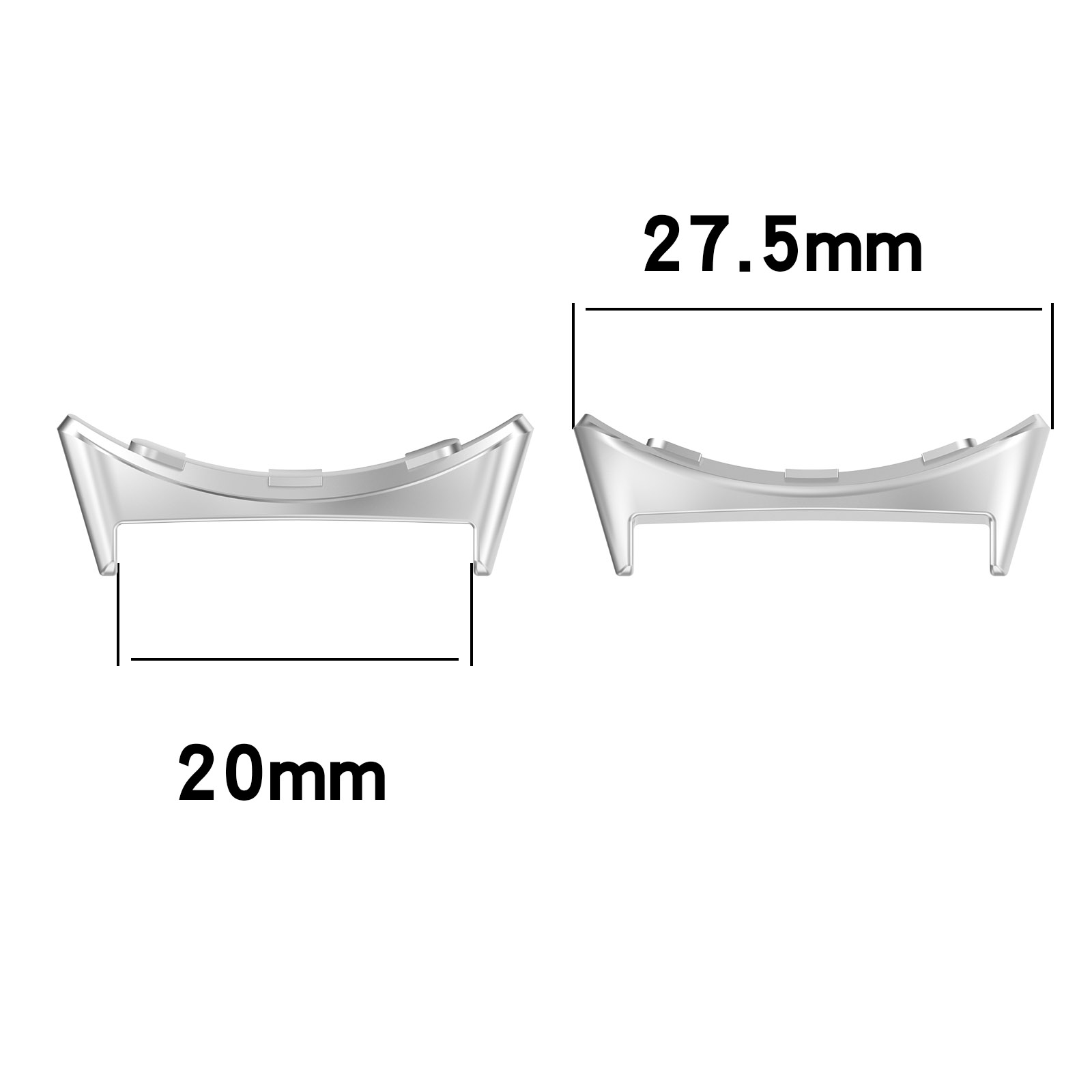 Diagramm zeigt zwei silberne Uhrenarmbandanschlüsse mit Maßangaben von 20mm und 27.5mm.