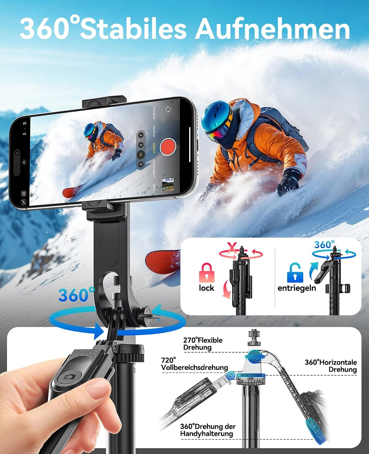 Smartphone in einer 360-Grad-Halterung, im Hintergrund ein Snowboarder im Schnee.