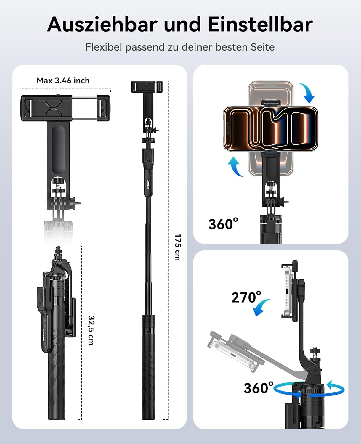 Verstellbarer schwarzer Selfie-Stick mit Maßen, 360-Grad-Drehung und Handyhalterung.