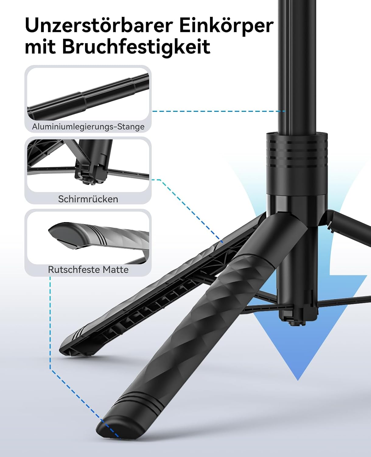 Stativ Details: Aluminiumstange, Regenschirmbasis, rutschfeste Matte.