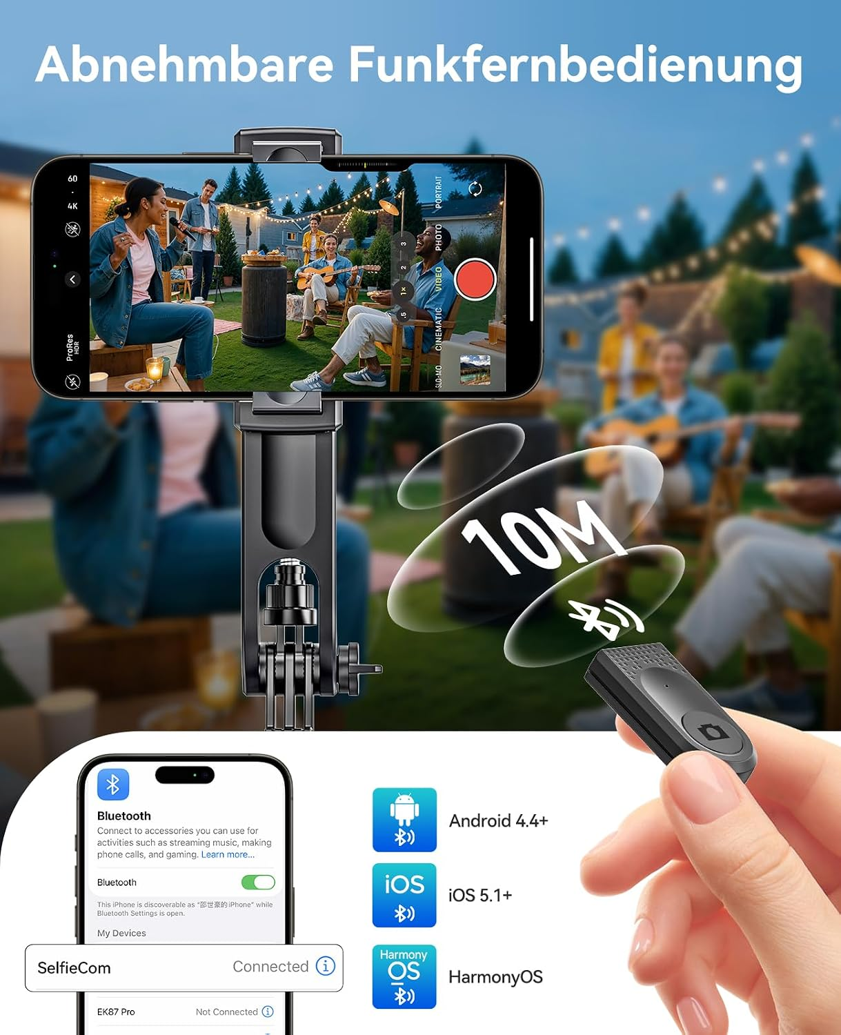Smartphone in Halterung mit abnehmbarer Bluetooth-Fernbedienung mit 10m Reichweite und Kompatibilitätssymbolen.