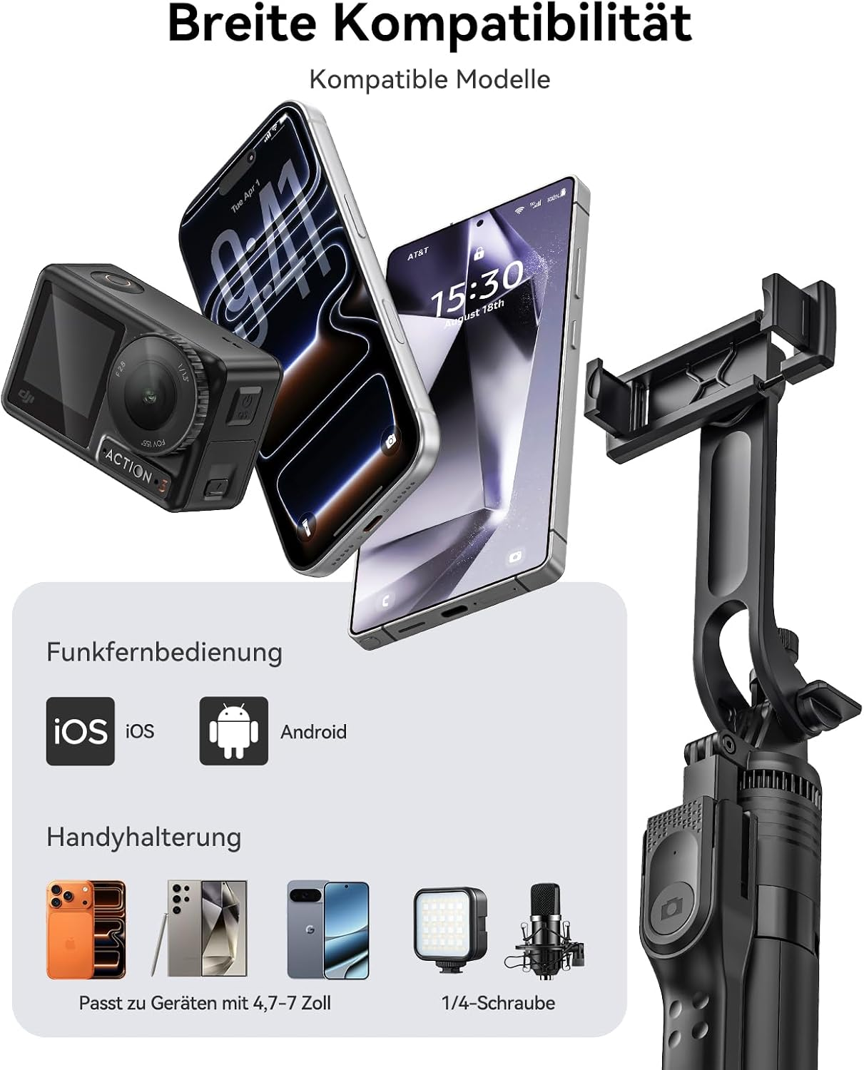Ein Smartphone-Gimbal mit Fernbedienung, kompatibel mit iOS und Android, zeigt Handys und Action-Kameras.