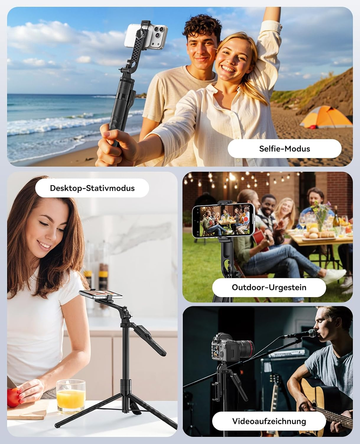 Collage zeigt Smartphone-Stativ in vier verschiedenen Anwendungen wie Selfie, Küche, Outdoor und Video.