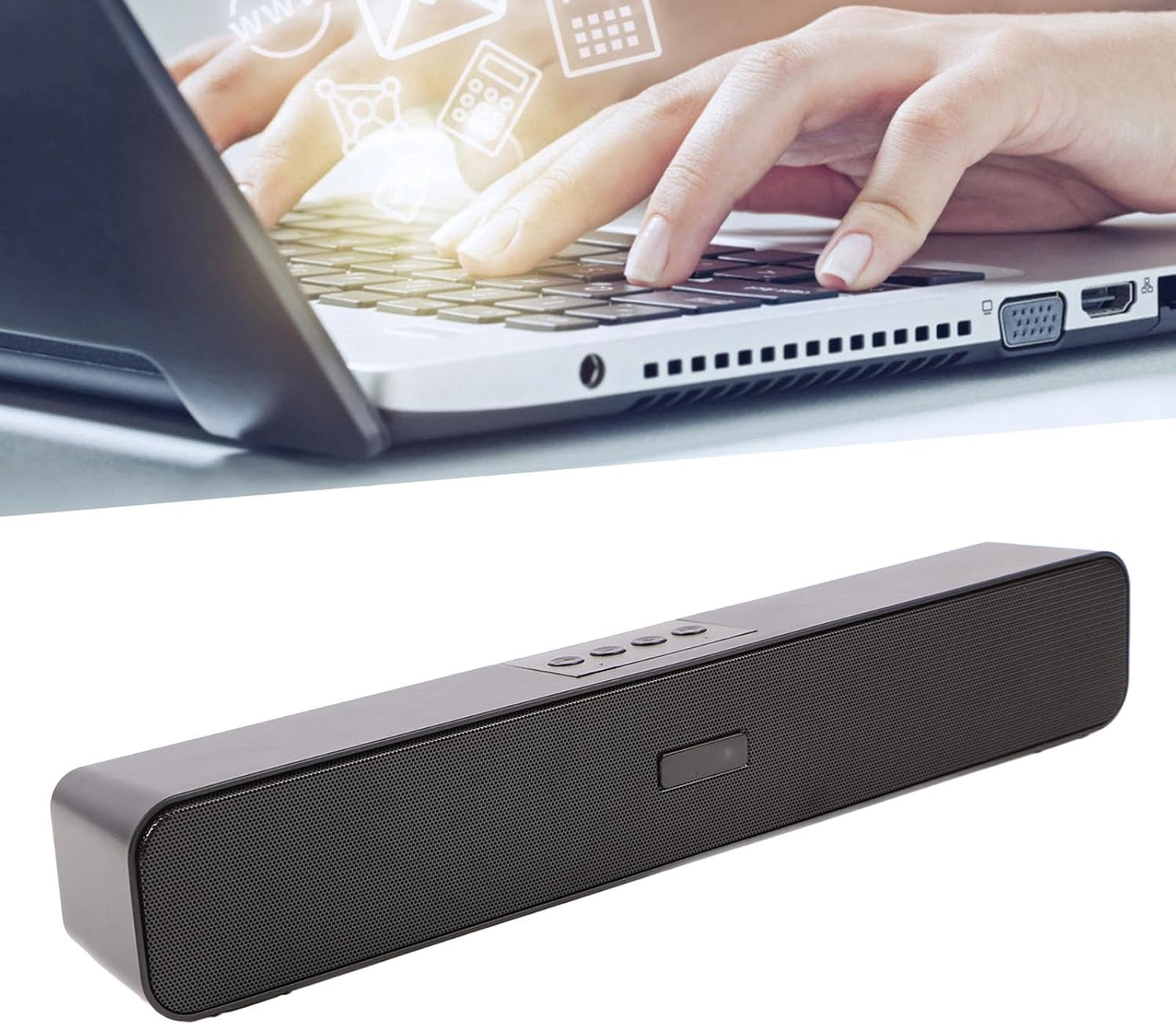 Eine schwarze moderne Soundbar mit einem Gitter liegt vor weißem Hintergrund.