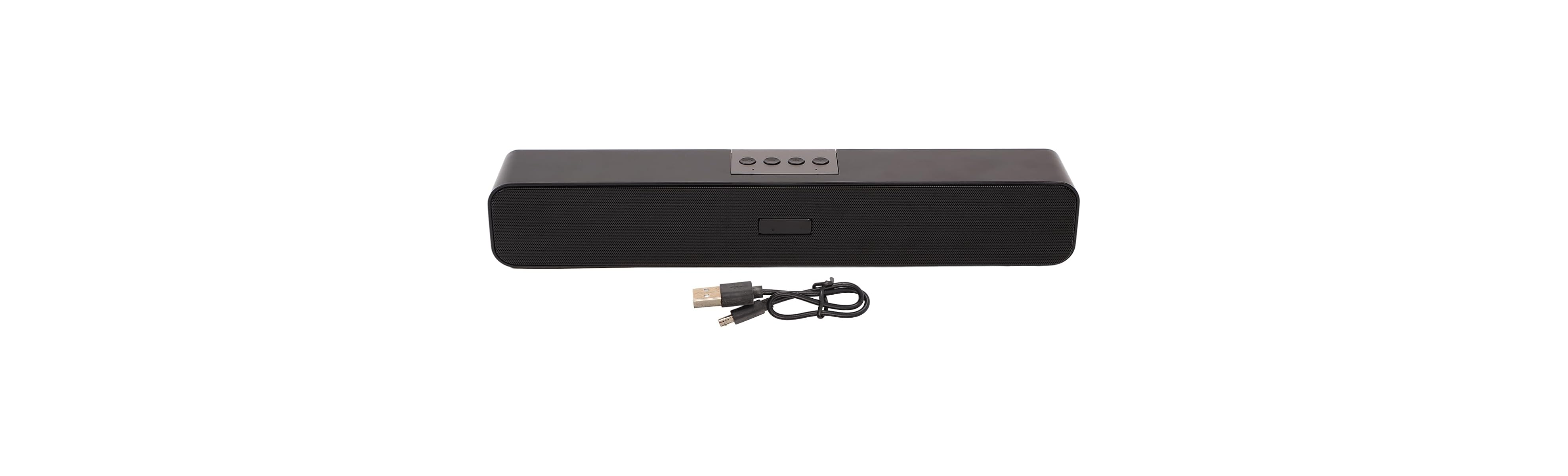 Ein schwarzer, rechteckiger Bluetooth-Lautsprecher mit Bedienelementen oben und einem USB-Ladekabel vorne.