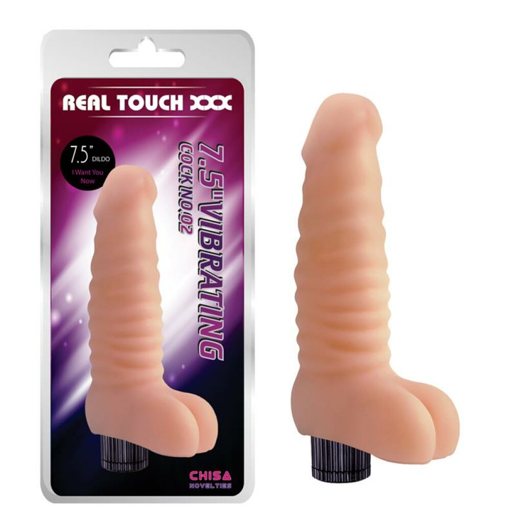 Ein fleischfarbener, gerippter Vibrator neben seiner violetten Verpackung.