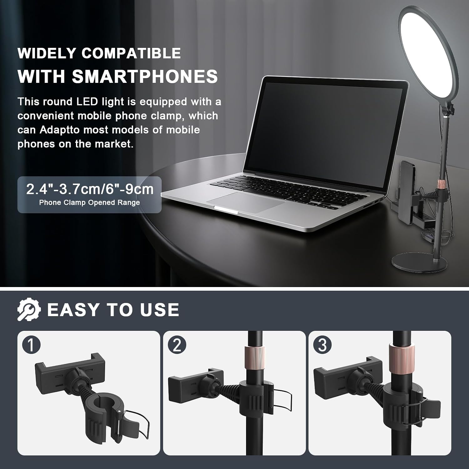 Ein Laptop und eine runde LED-Ringlampe mit Smartphone-Halterung auf einem Tisch, unten mit drei Montageschritten.